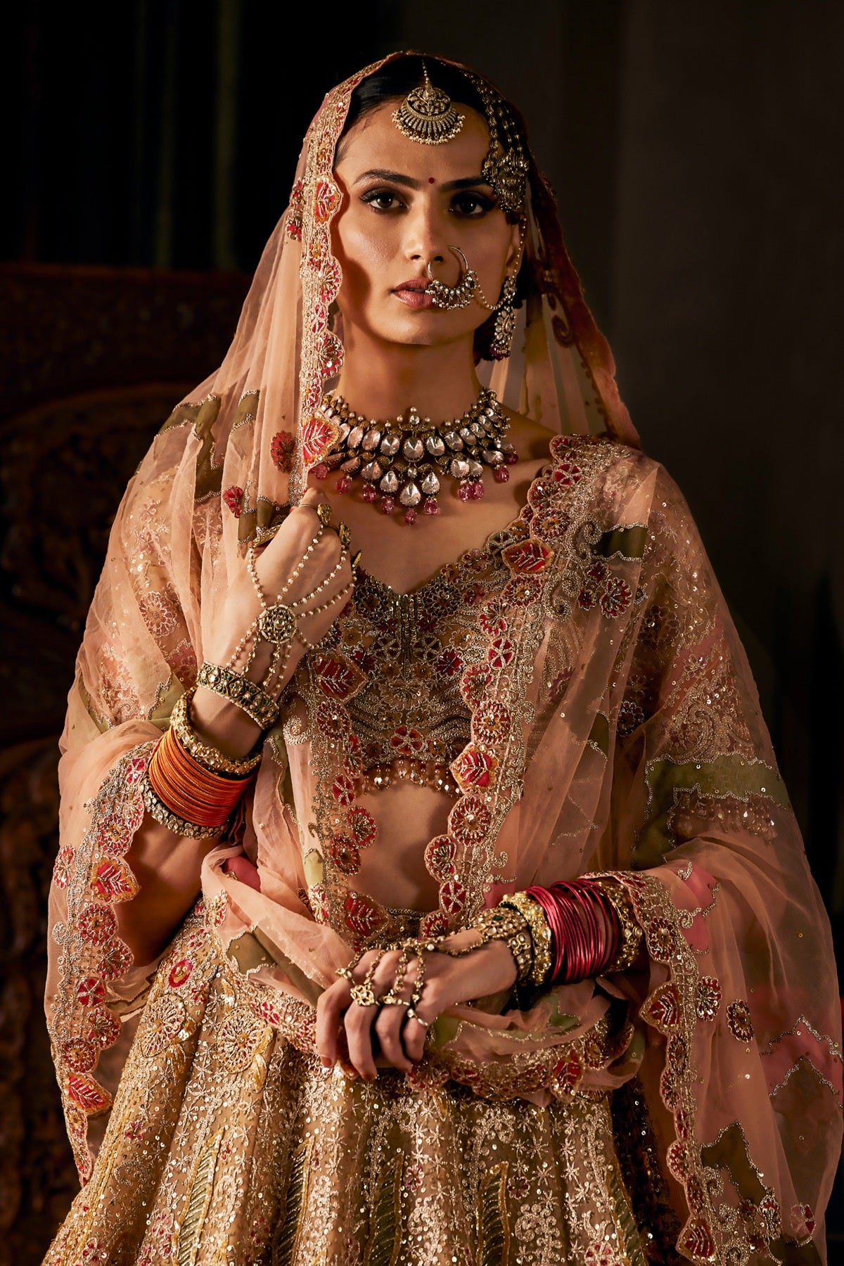 Peach Gold Tulle Lehenga