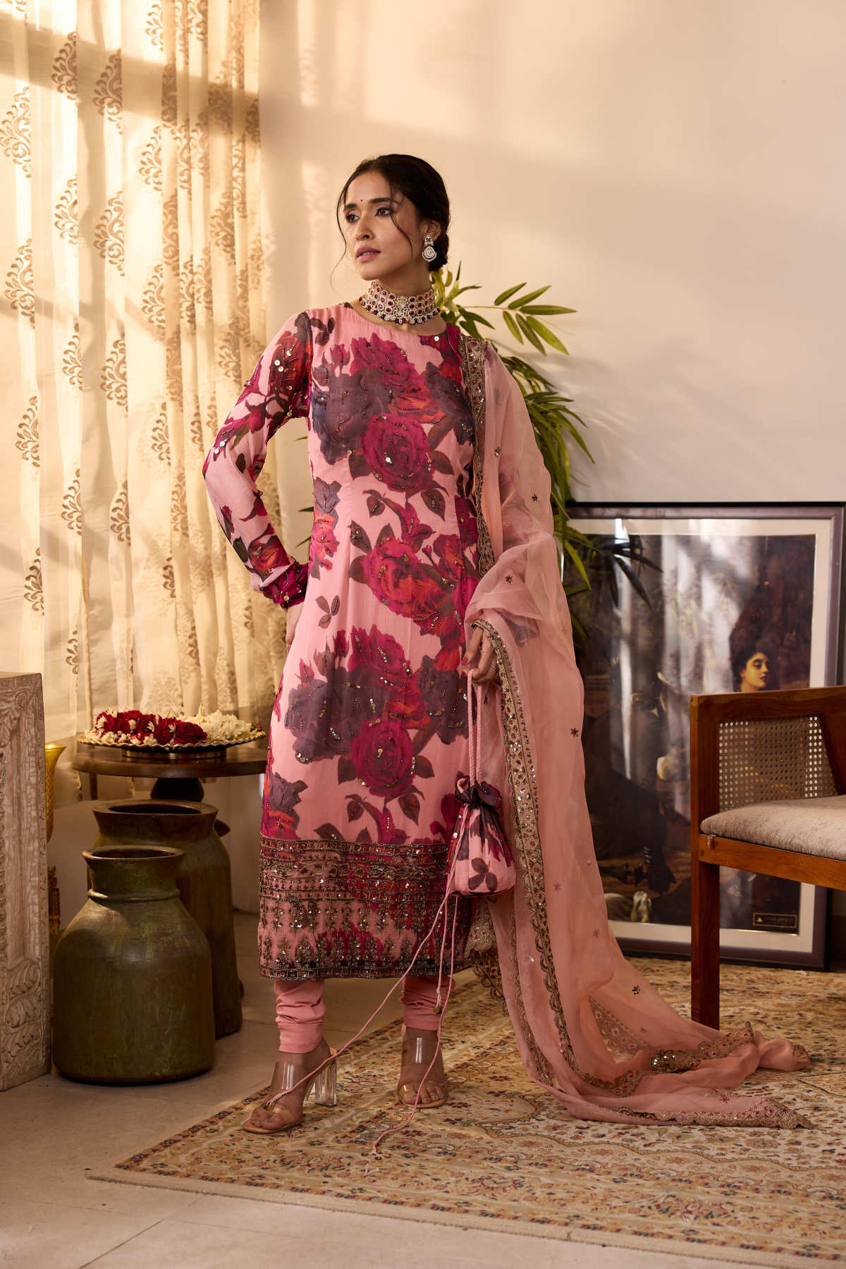 PEACH PINK CHIFFON FLORAL KURTI
