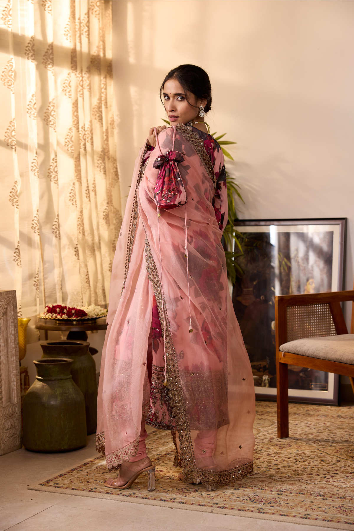 PEACH PINK CHIFFON FLORAL KURTI