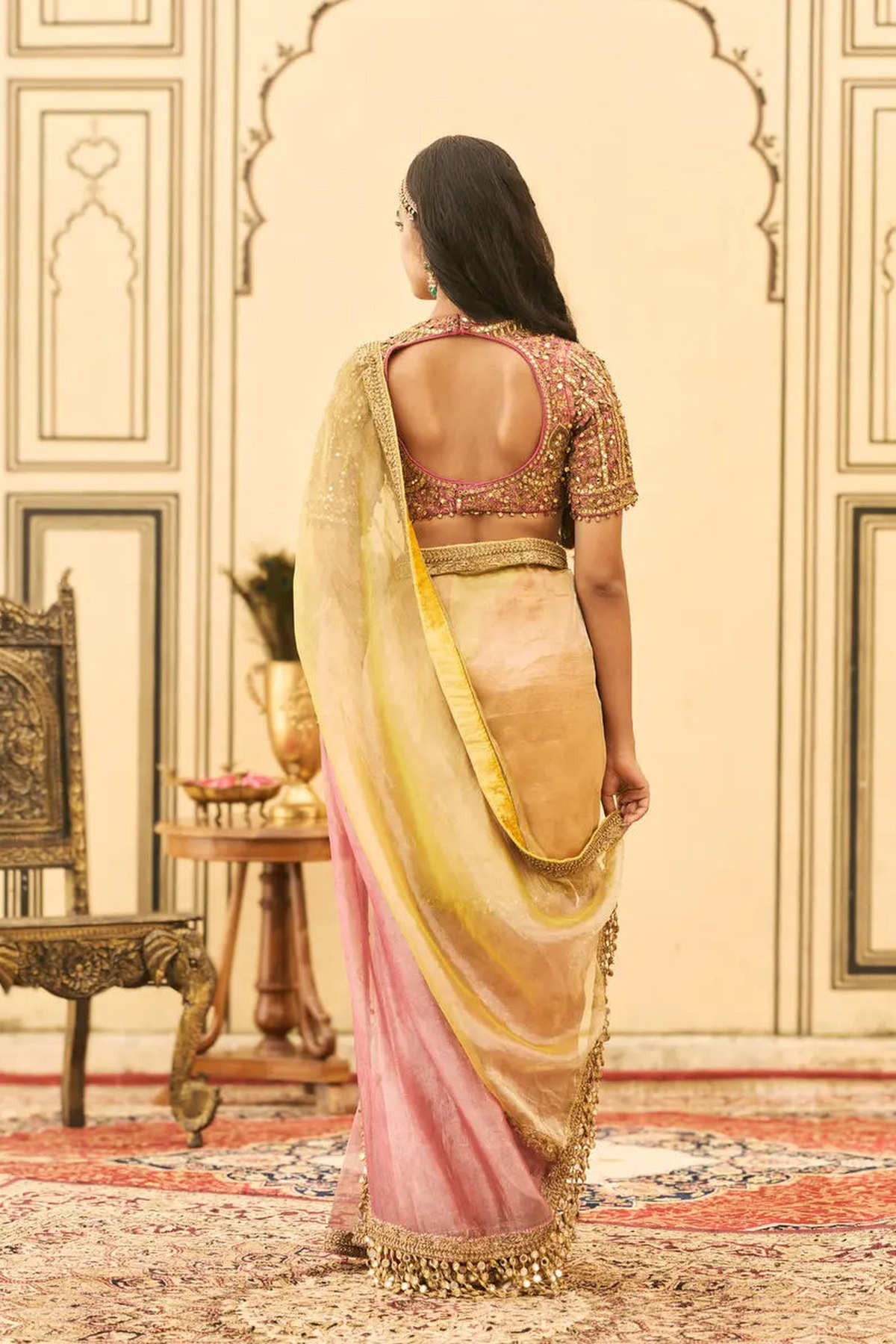 Peela-Gulabi Tissue Zardosi Saree Set