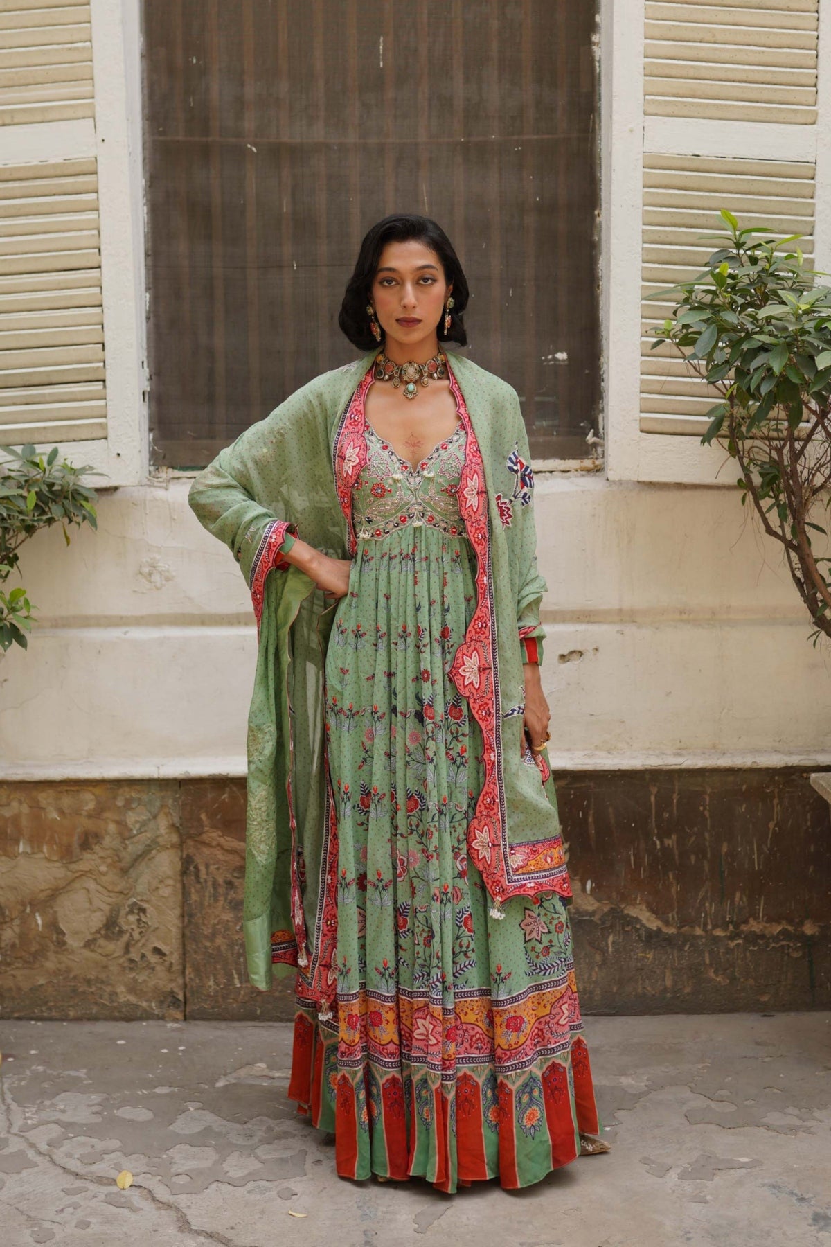 Pista green floral anarkali set
