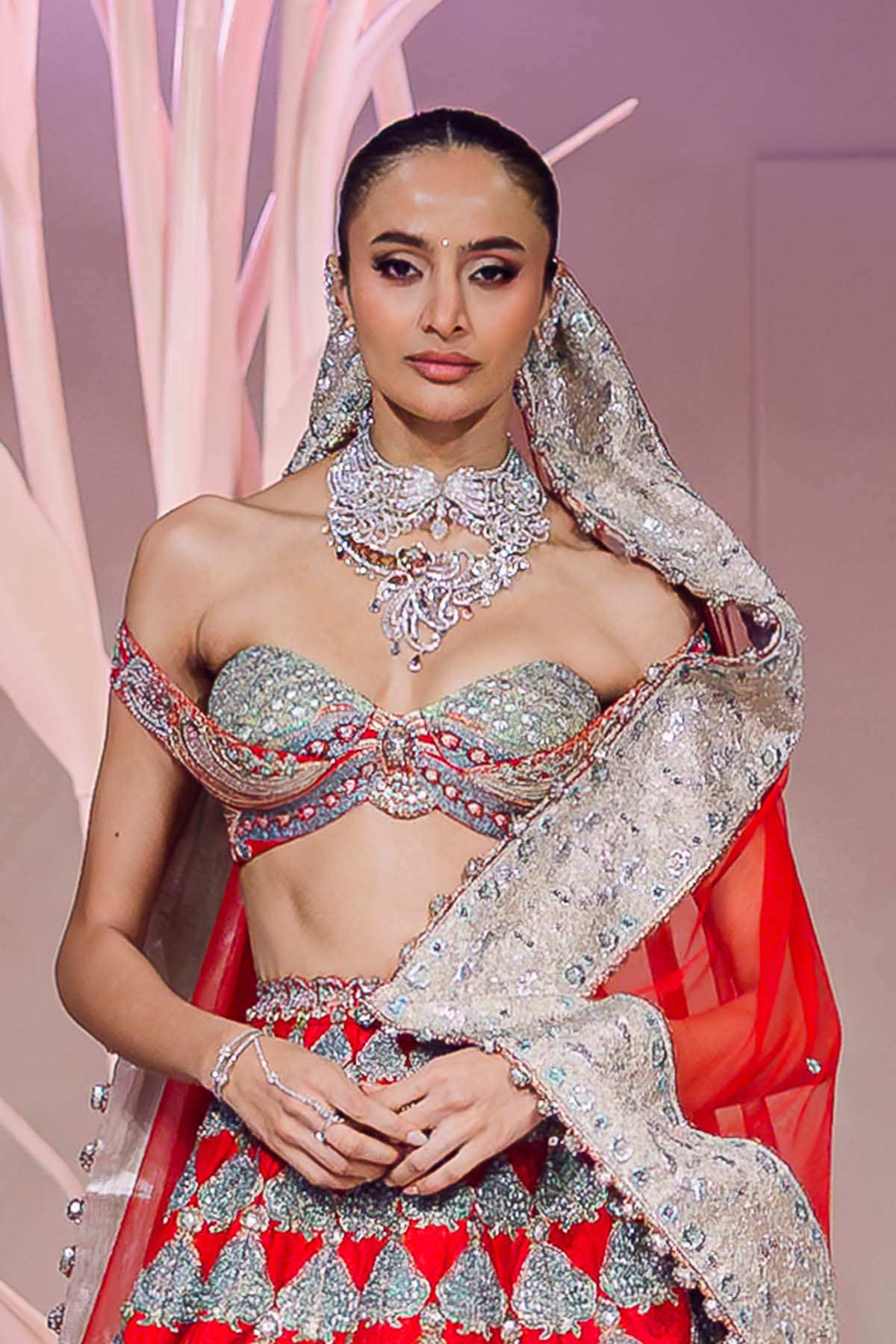 Jahanara - Rosewood red raw silk lehenga