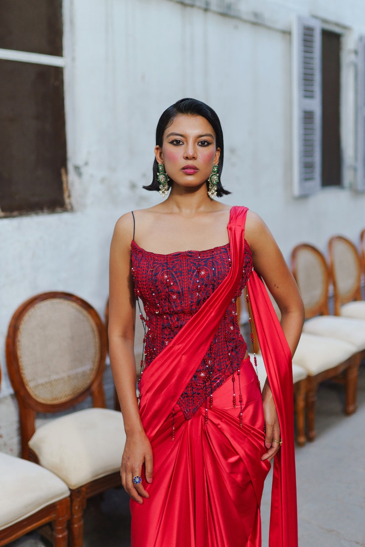 Red long corset with saree set