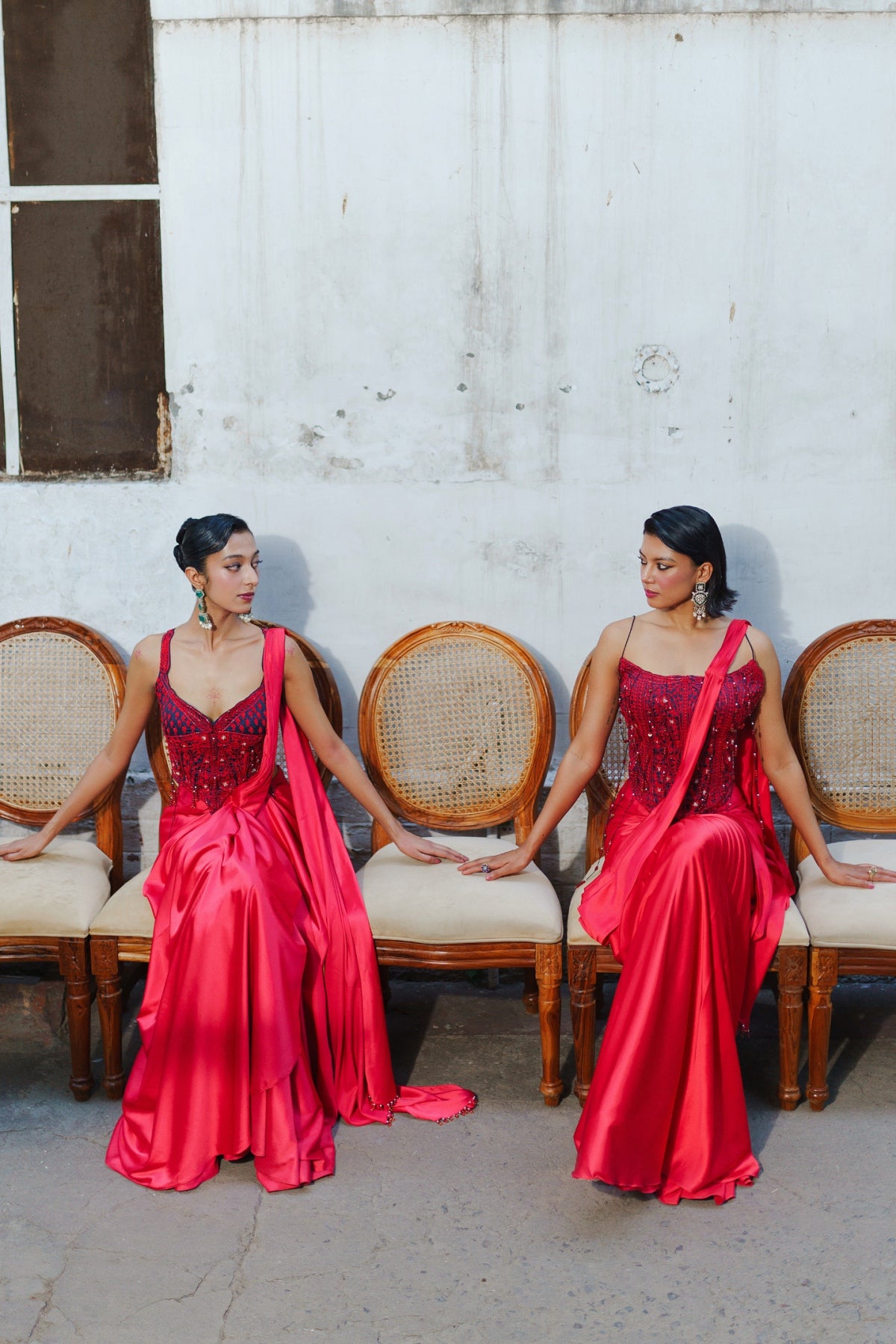 Red long corset with saree set