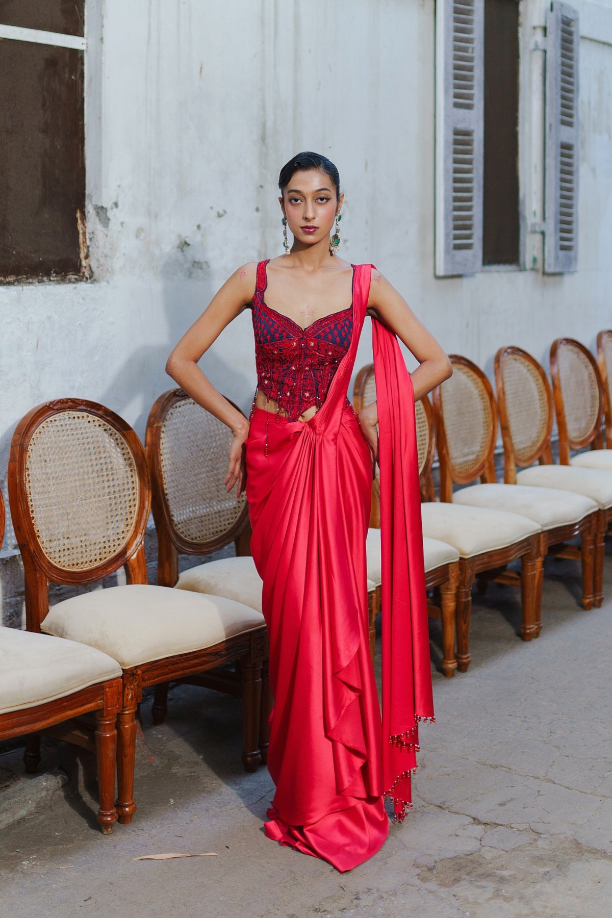 Red short corset with saree set