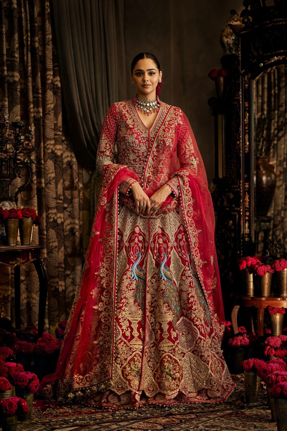 Red Tulle Kalidar Jacket Lehenga