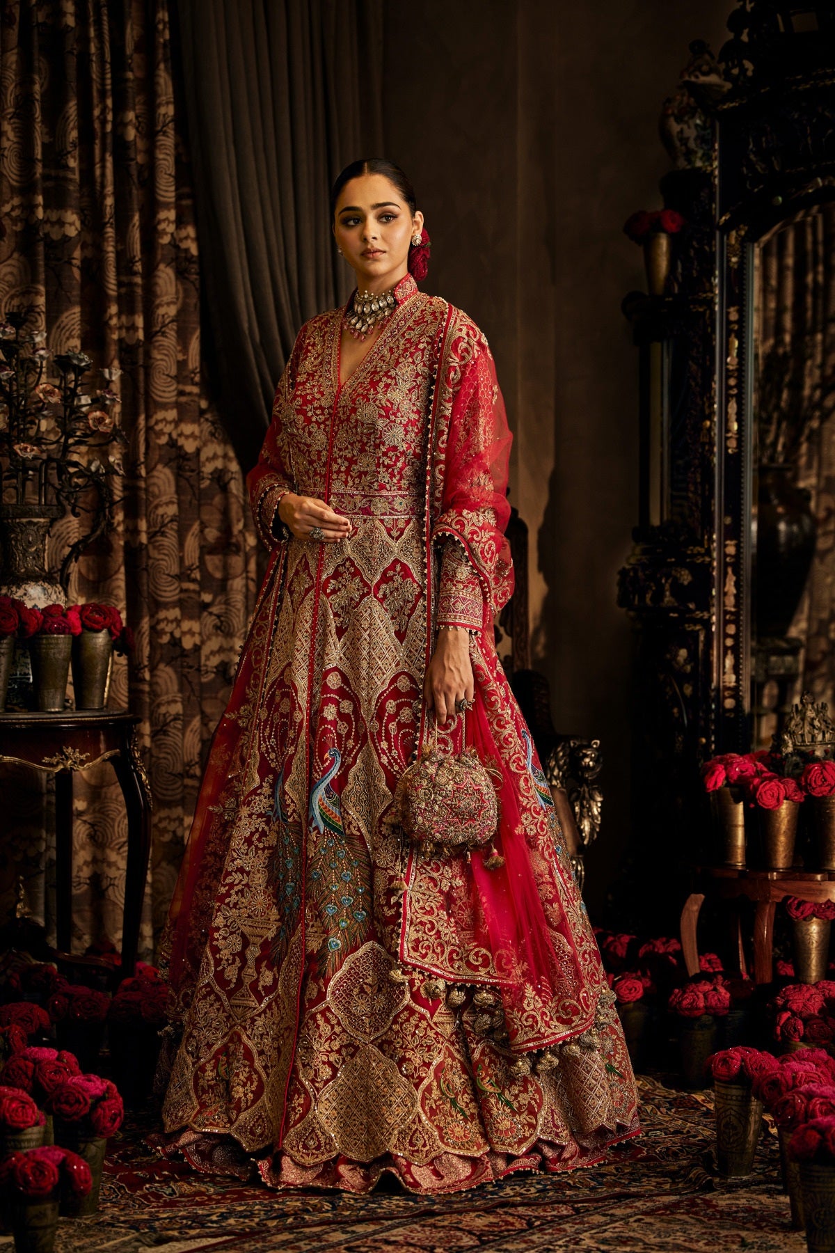 Red Tulle Kalidar Jacket Lehenga