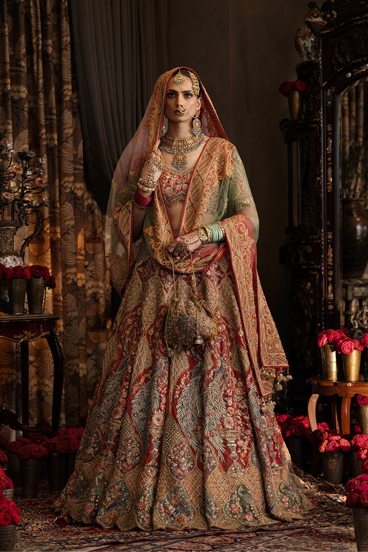 Red Tulle Peacock Lehenga