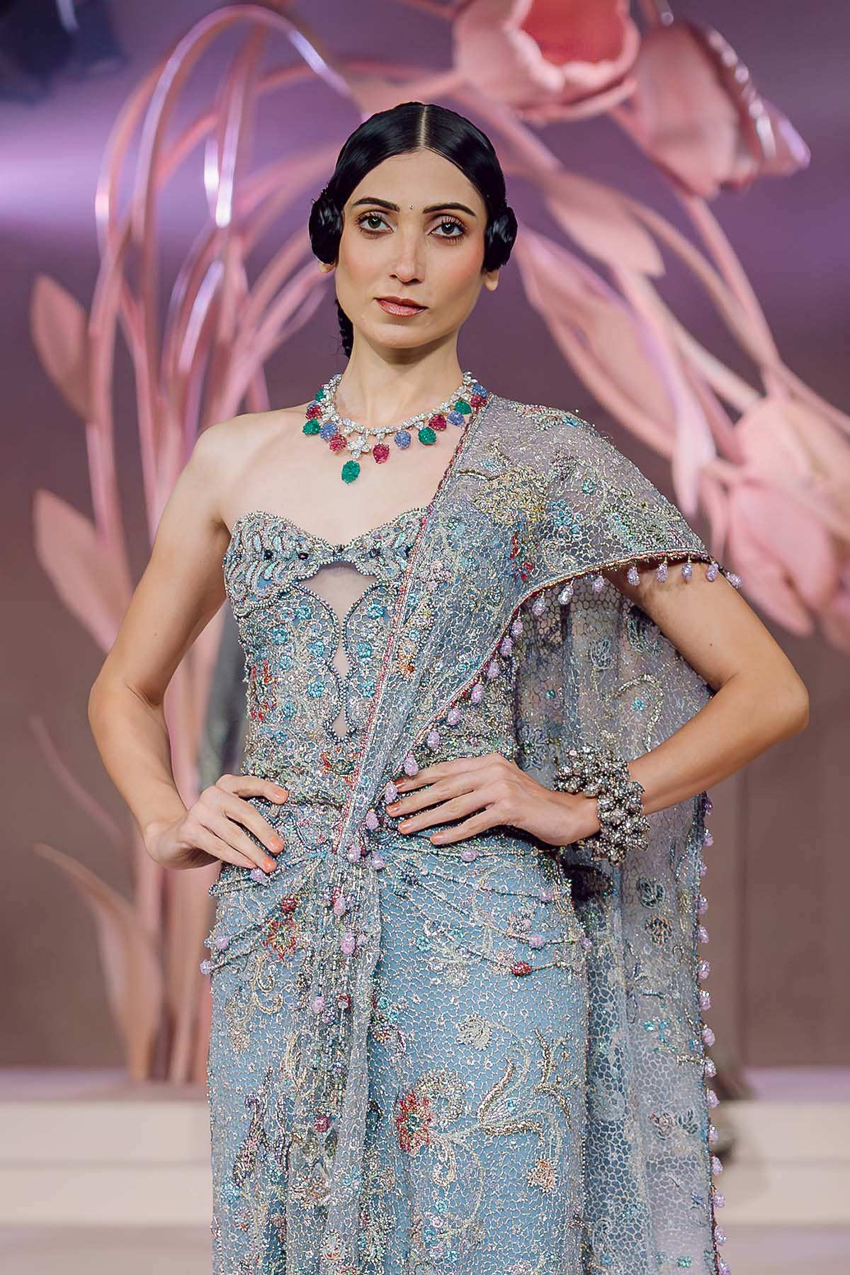 Falak - dodger blue tulle draped saree