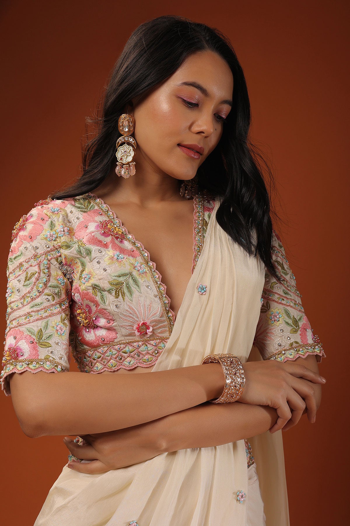 Cream White Ready Tp Wear Saree With Floral Hand Work On The Blouse