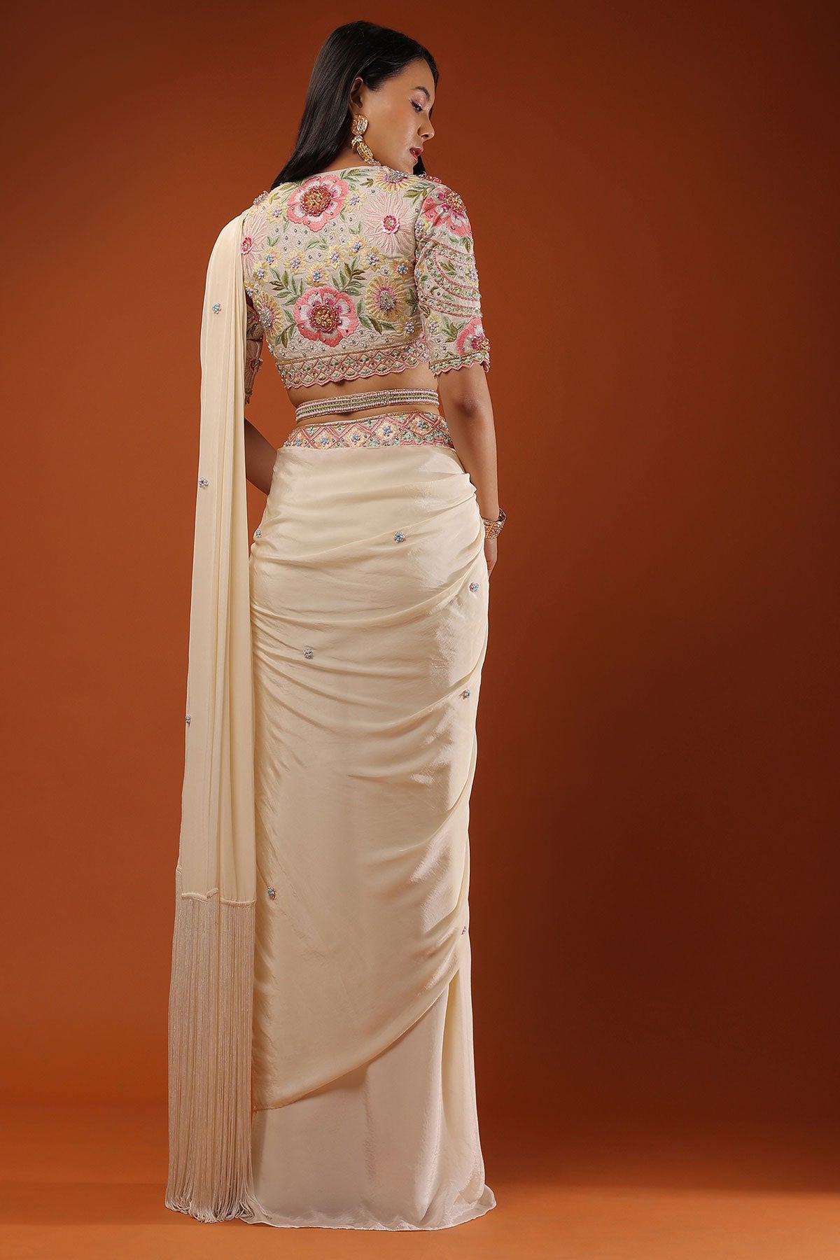 Cream White Ready Tp Wear Saree With Floral Hand Work On The Blouse