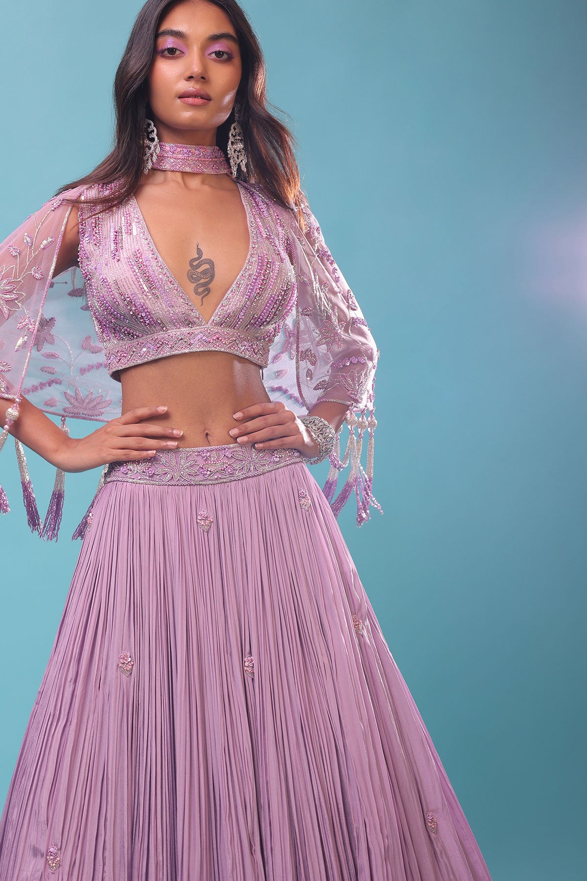 Ombre Lehenga And Crop Top In Moti Cut An Dana Embroidery, Cape Jacket In Tassels Fringes At The Border