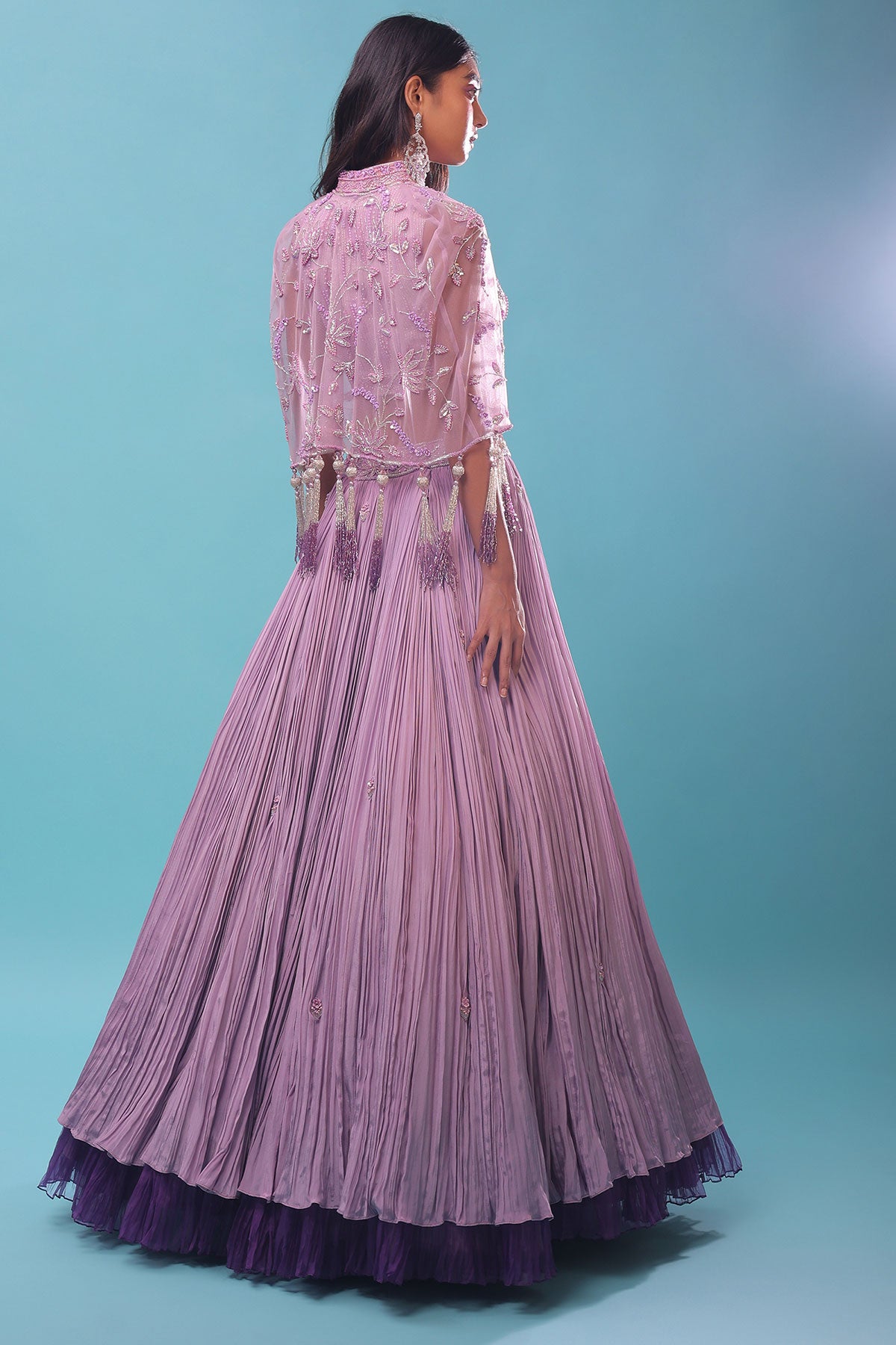 Ombre Lehenga And Crop Top In Moti Cut An Dana Embroidery, Cape Jacket In Tassels Fringes At The Border