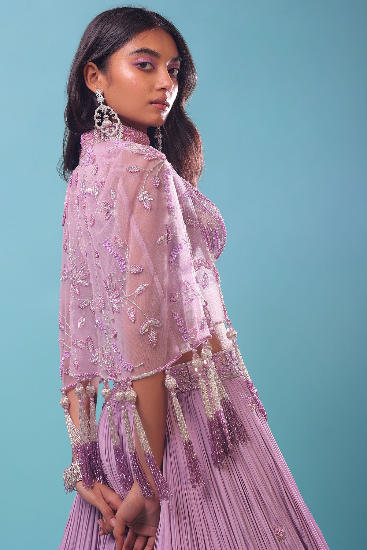 Ombre Lehenga And Crop Top In Moti Cut An Dana Embroidery, Cape Jacket In Tassels Fringes At The Border