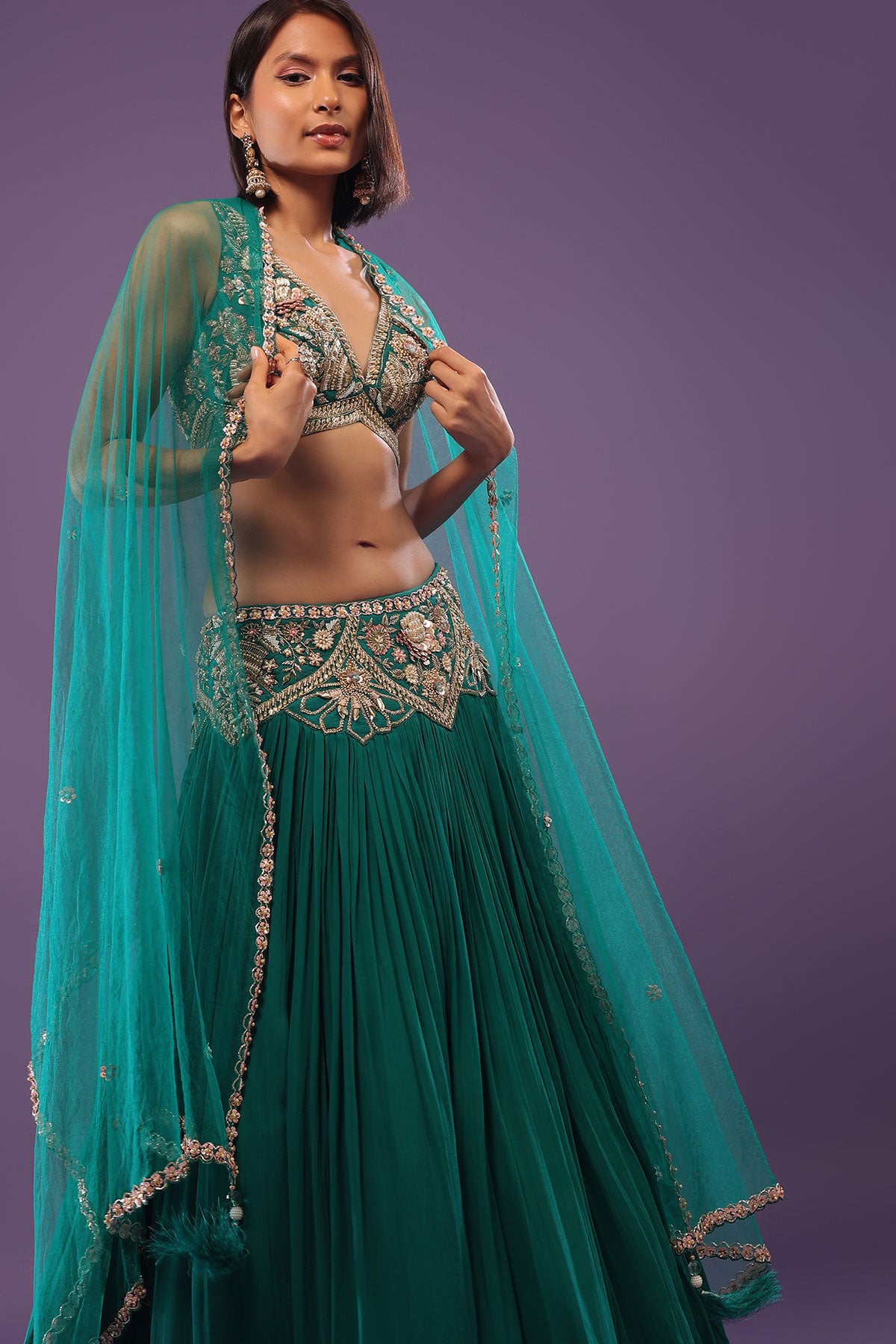 Emerald Green Embroidered Lehenga Set In Georgette