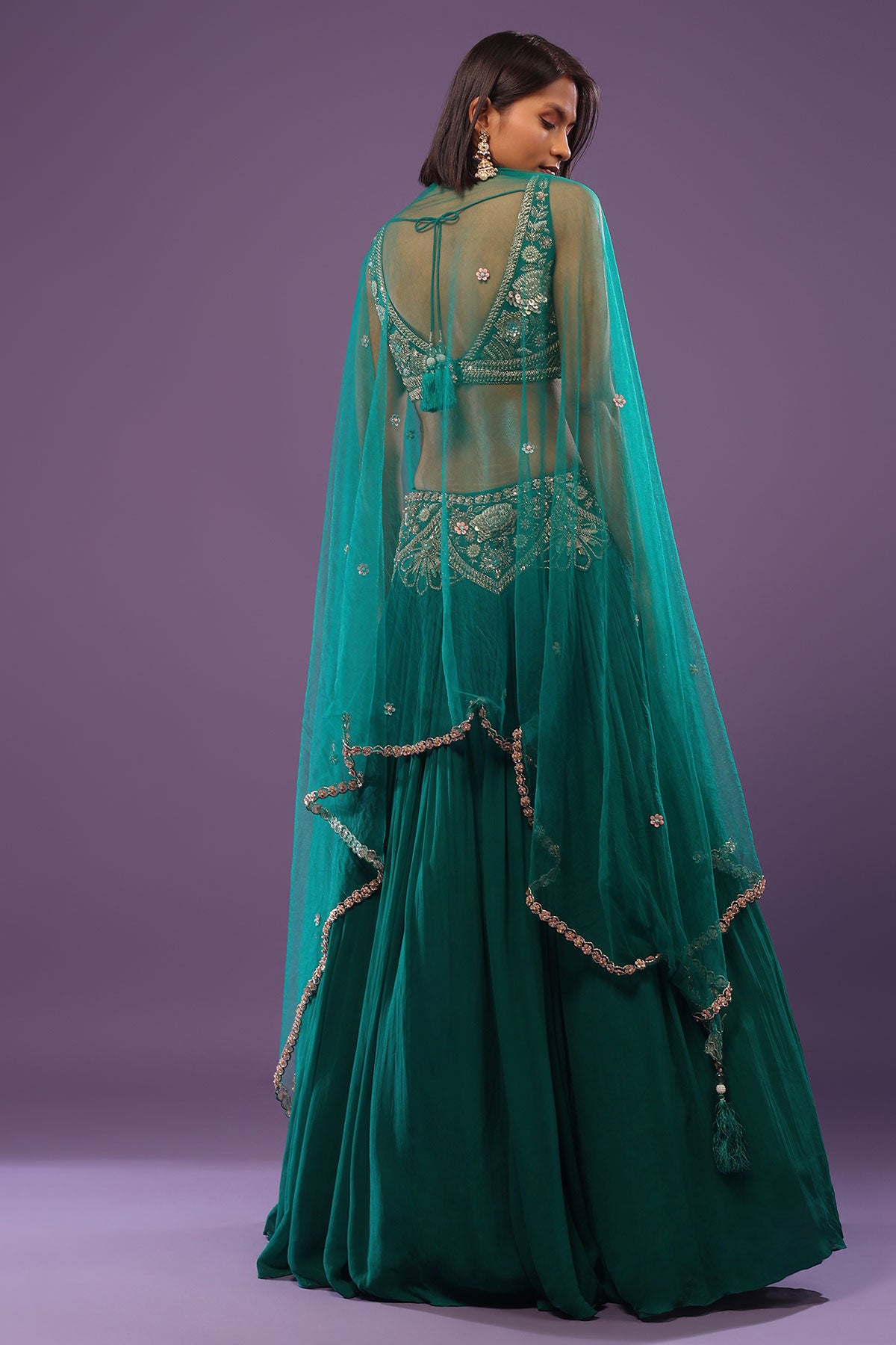 Emerald Green Embroidered Lehenga Set In Georgette
