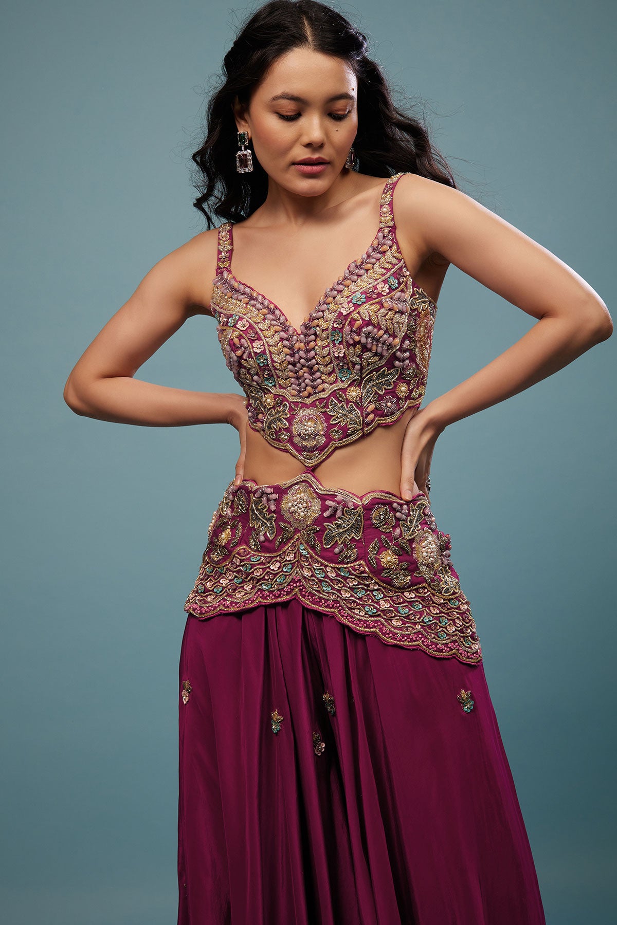 Plum Purple Embroidered Jumpsuit In Satin