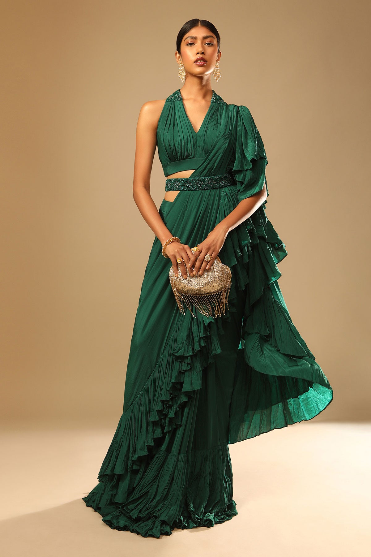 Emerald Green Ready Pleated Ruffle Saree With A Halter Neck Blouse And 3D Embroidered Belt