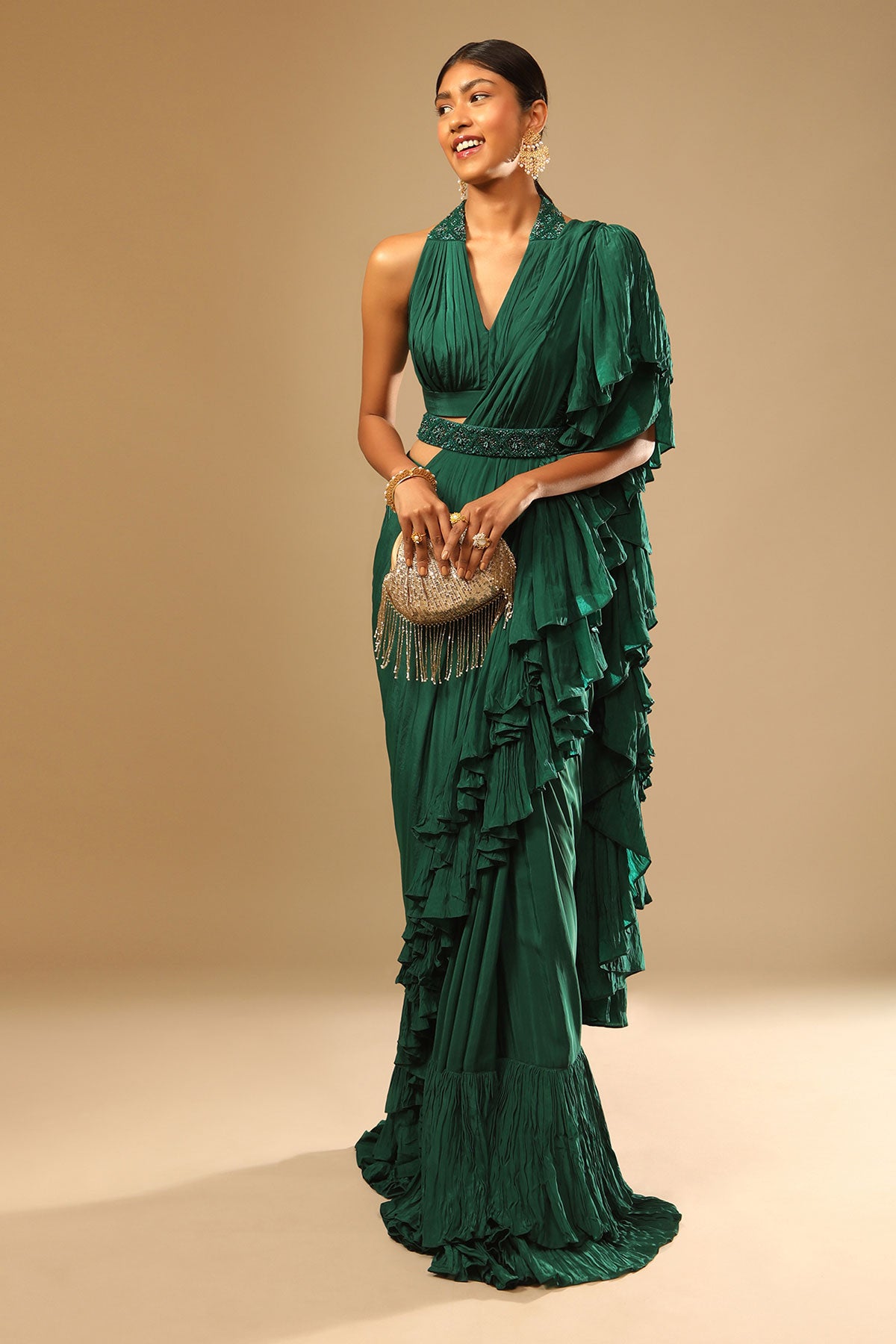 Emerald Green Ready Pleated Ruffle Saree With A Halter Neck Blouse And 3D Embroidered Belt