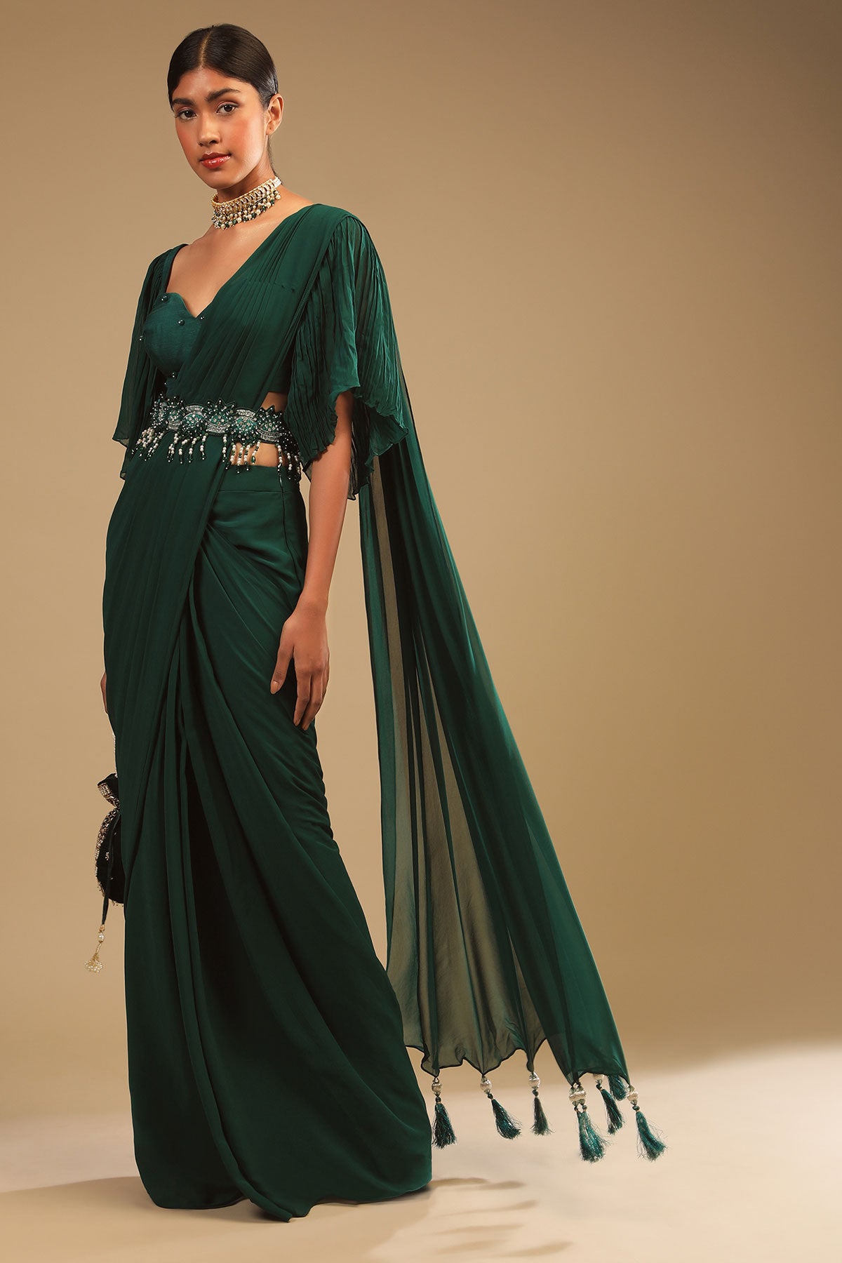 Emerald Green Ready To Wear Saree In Georgette With Bell Sleeves Crop Top And Chunky Embroidered Belt