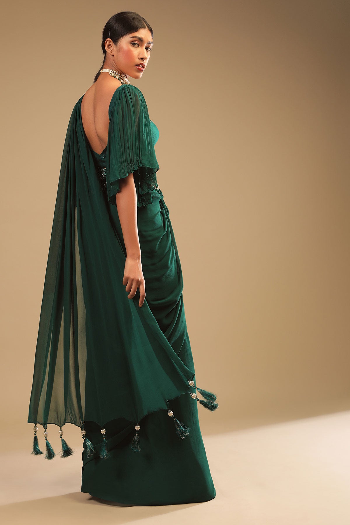 Emerald Green Ready To Wear Saree In Georgette With Bell Sleeves Crop Top And Chunky Embroidered Belt
