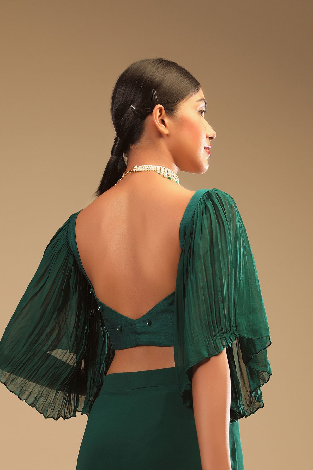 Emerald Green Ready To Wear Saree In Georgette With Bell Sleeves Crop Top And Chunky Embroidered Belt