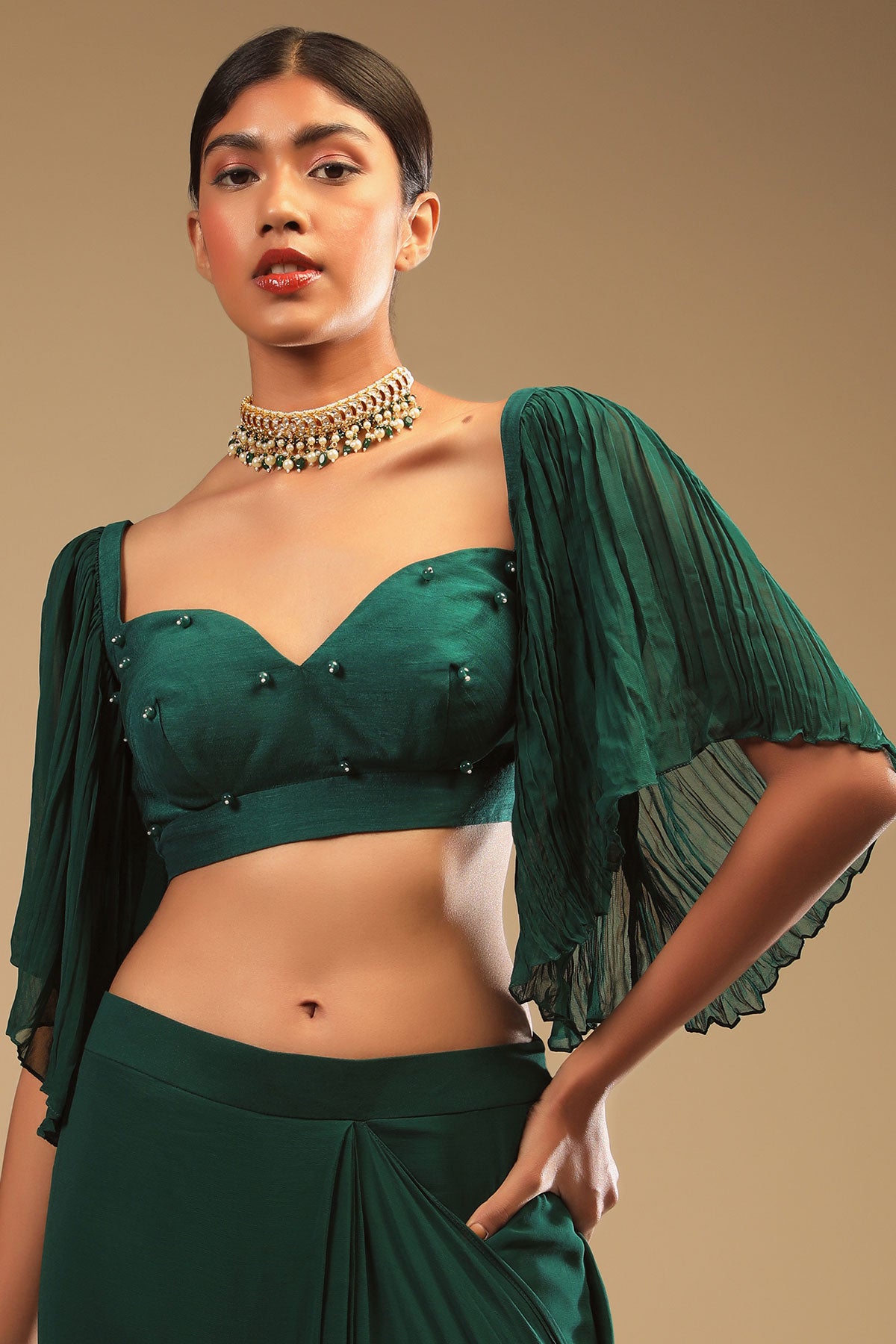 Emerald Green Ready To Wear Saree In Georgette With Bell Sleeves Crop Top And Chunky Embroidered Belt