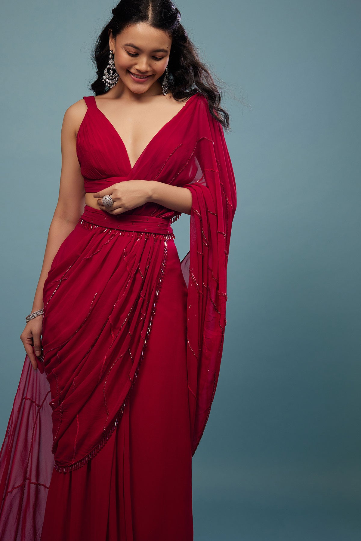 Blood Red Ready-Pleated Saree In Georgette