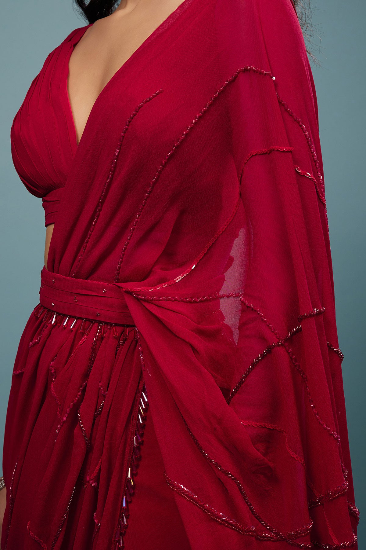 Blood Red Ready-Pleated Saree In Georgette