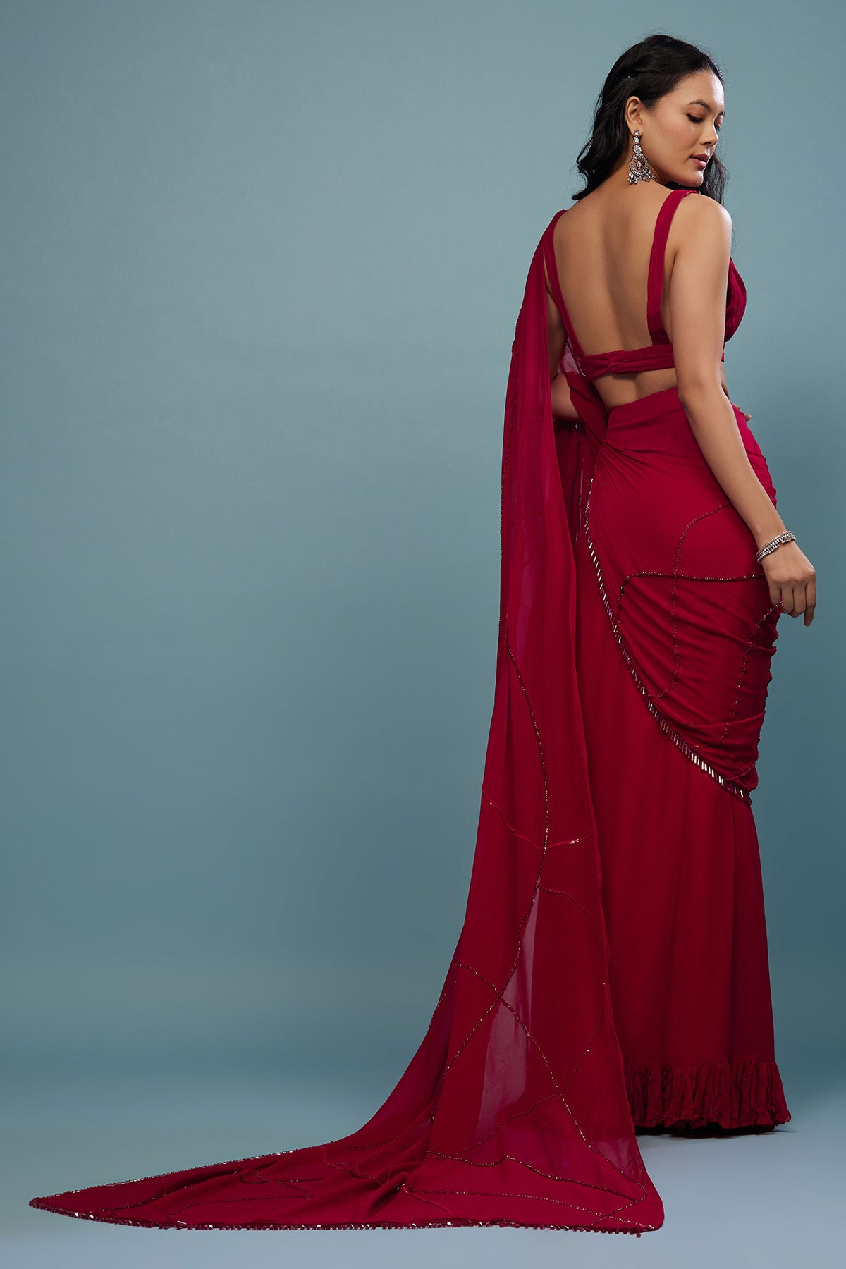 Blood Red Ready-Pleated Saree In Georgette