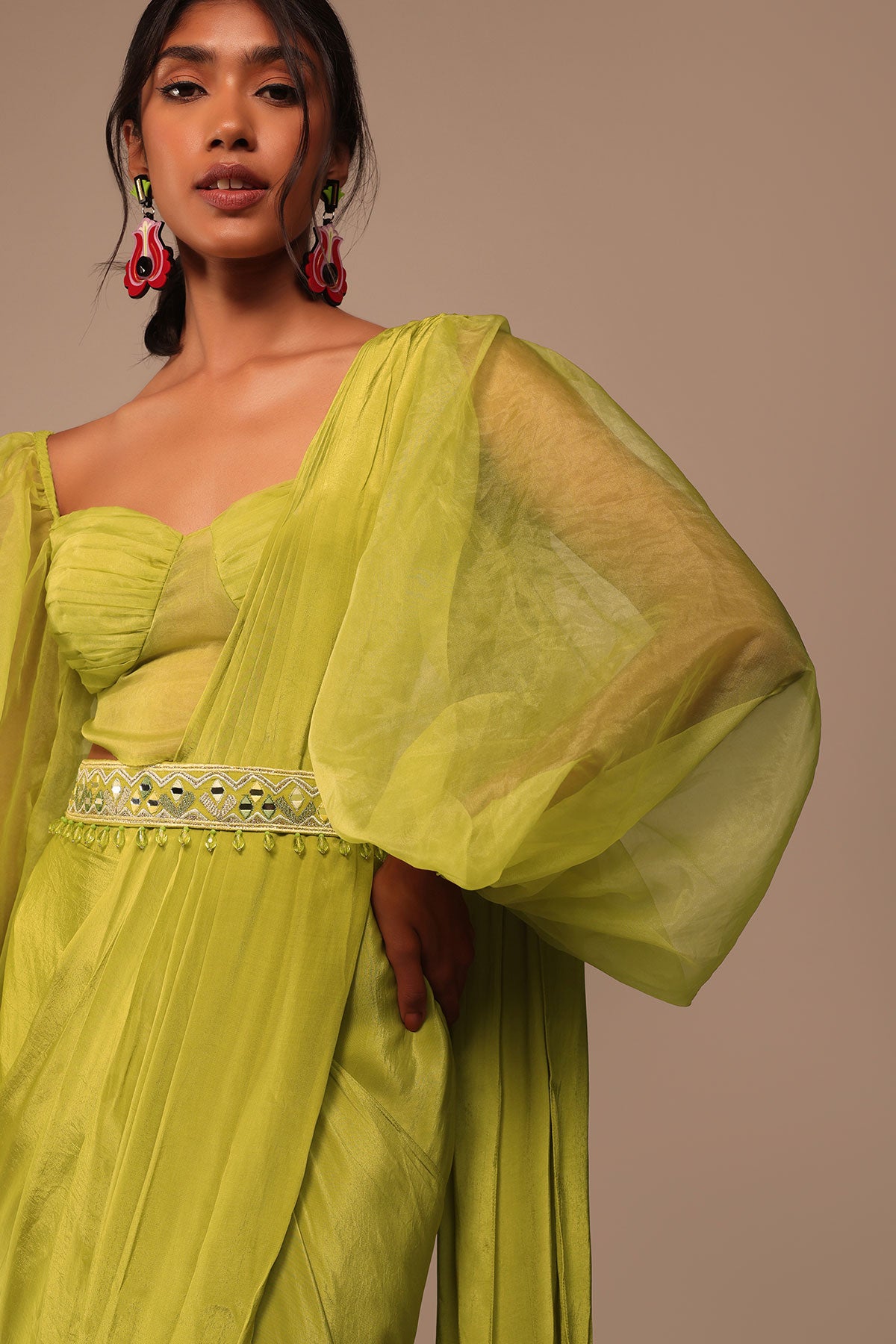 Mustard Yellow Saree With Bishop Sleeve Blouse And Hand Worked Belt