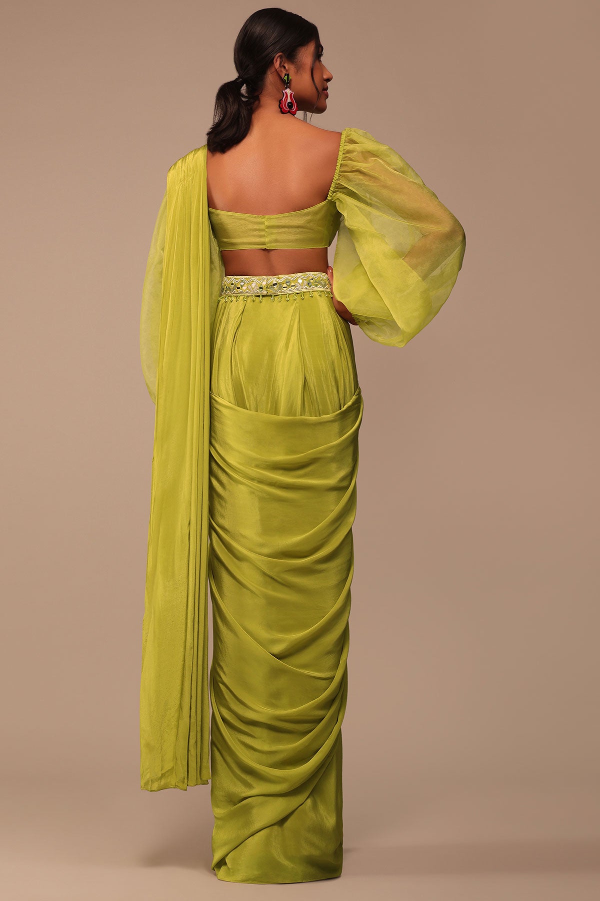 Mustard Yellow Saree With Bishop Sleeve Blouse And Hand Worked Belt