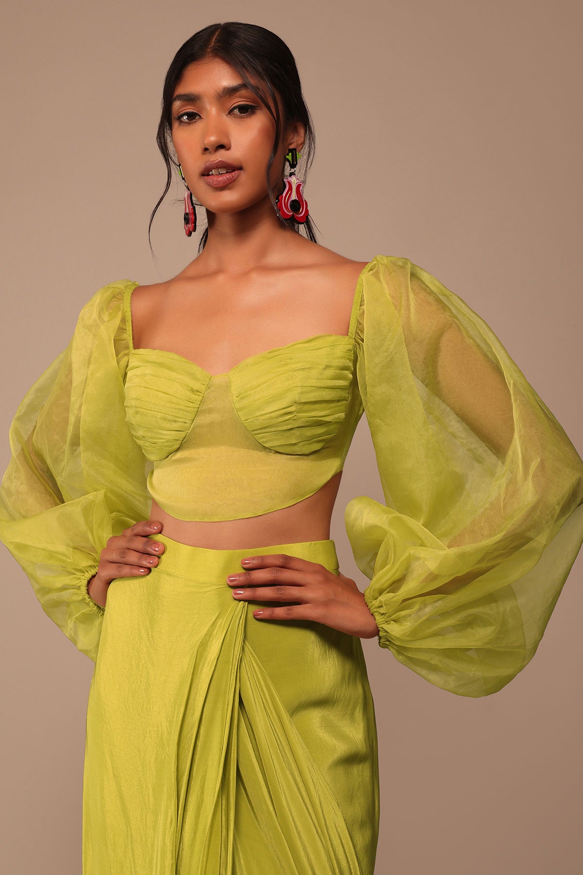 Mustard Yellow Saree With Bishop Sleeve Blouse And Hand Worked Belt