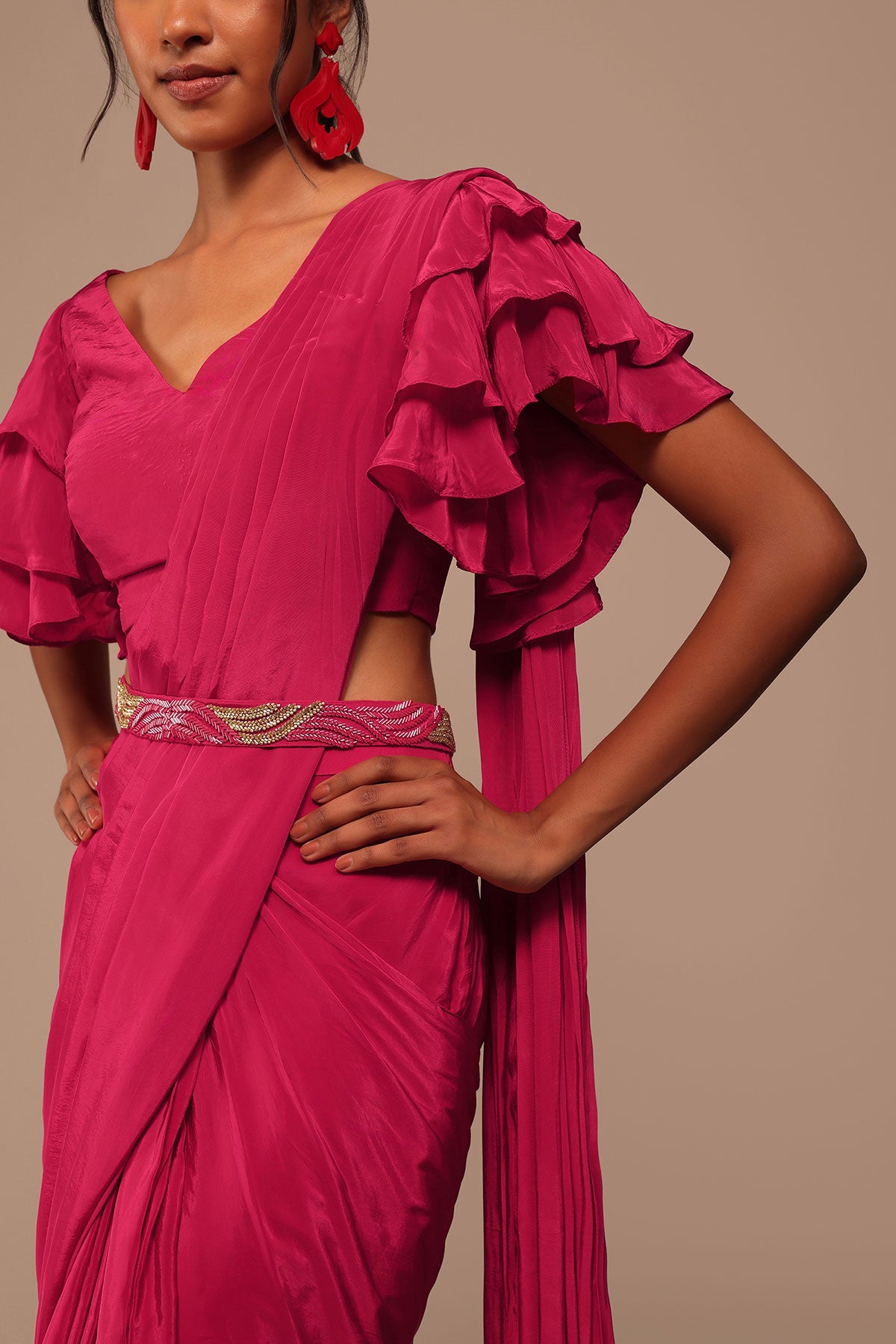 Pink Indo-Western Saree And Layered Sleeves Blouse Set In Crepe