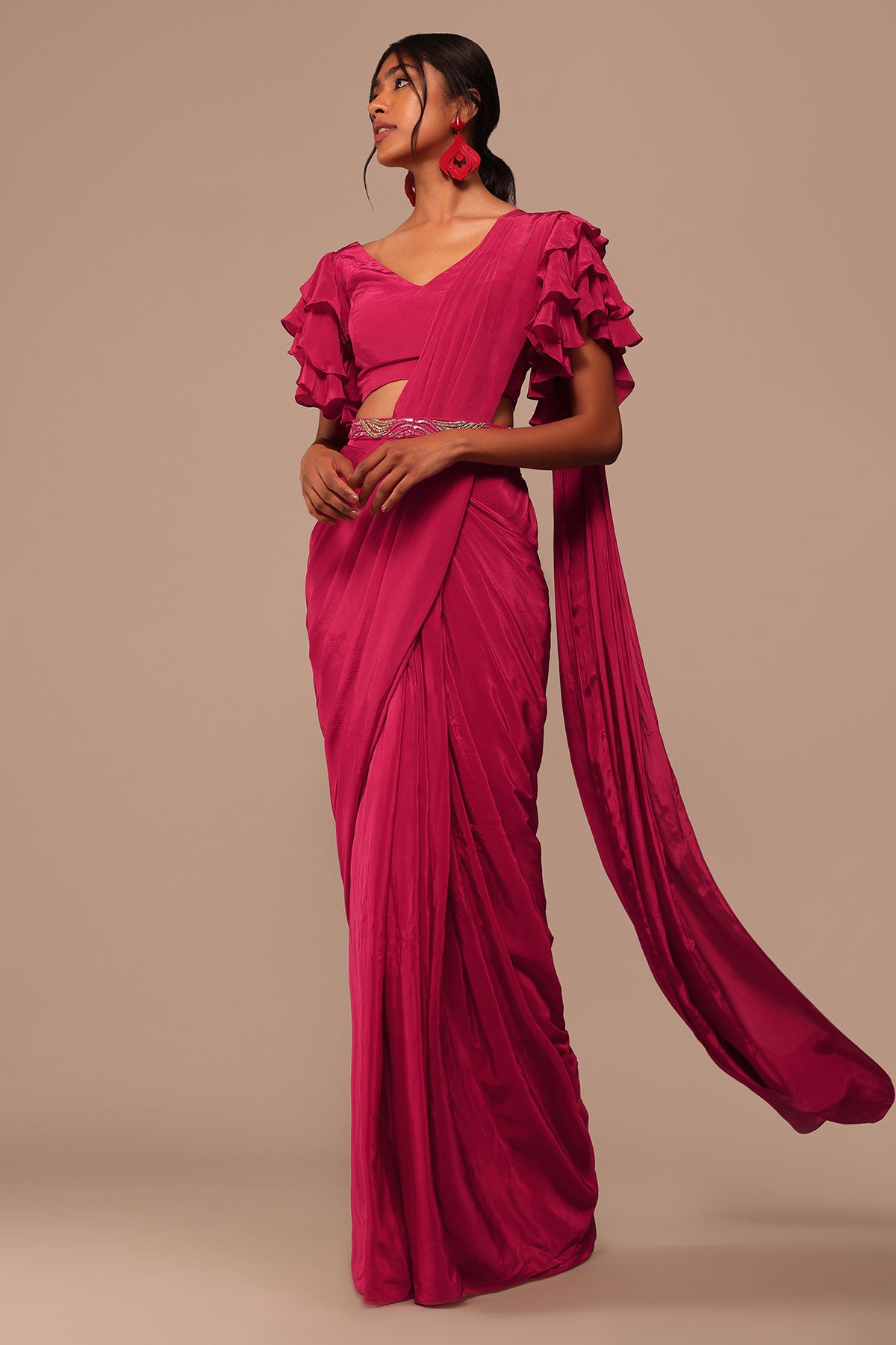 Pink Indo-Western Saree And Layered Sleeves Blouse Set In Crepe
