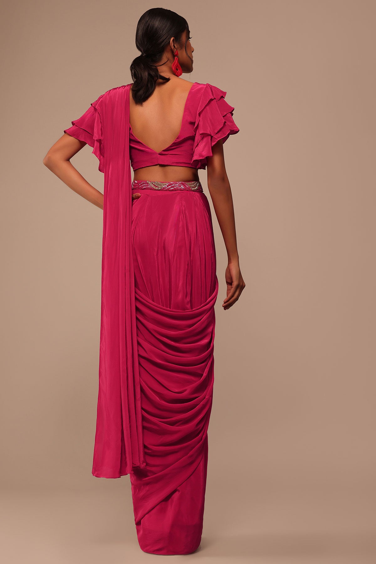 Pink Indo-Western Saree And Layered Sleeves Blouse Set In Crepe