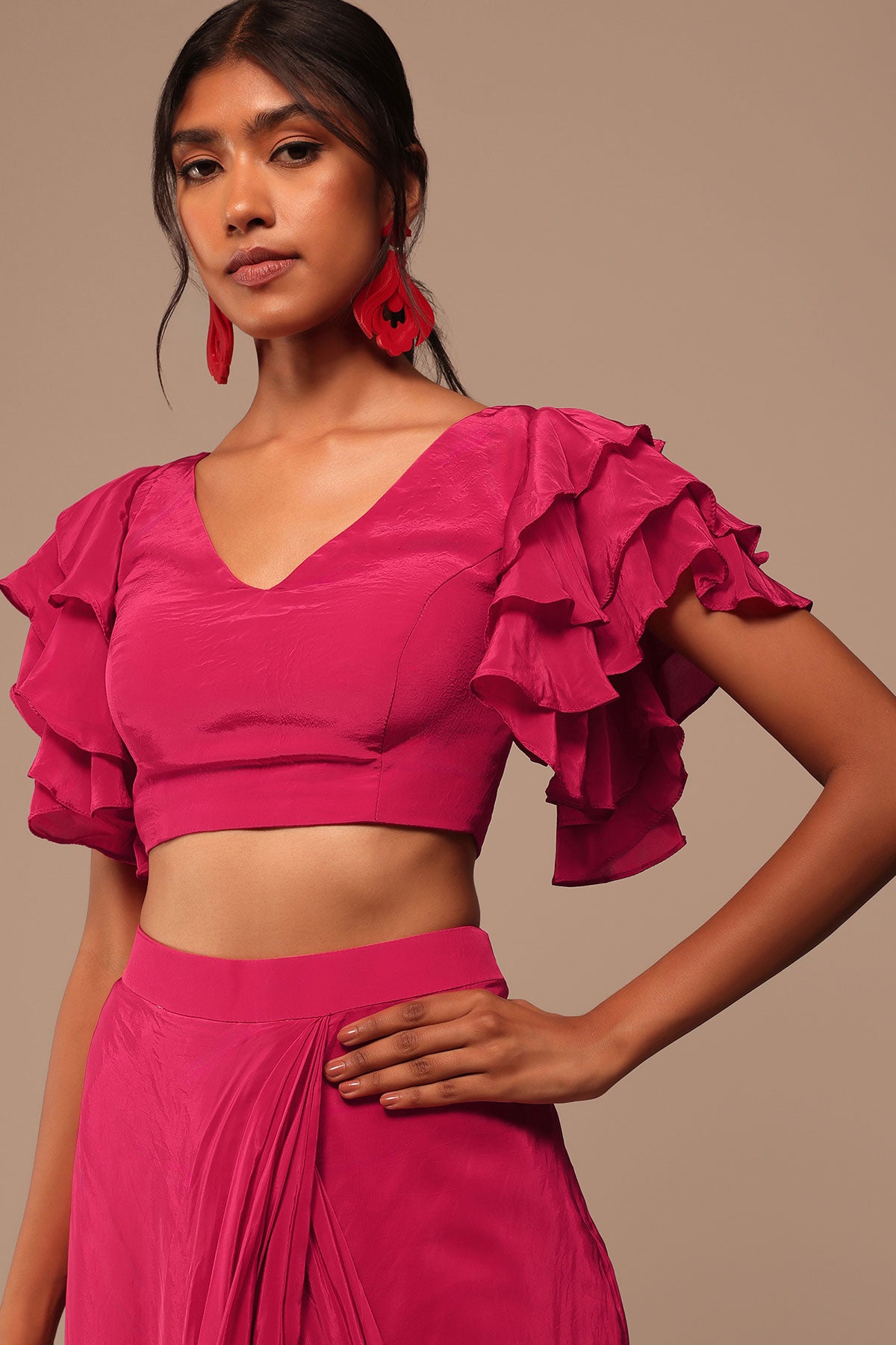 Pink Indo-Western Saree And Layered Sleeves Blouse Set In Crepe