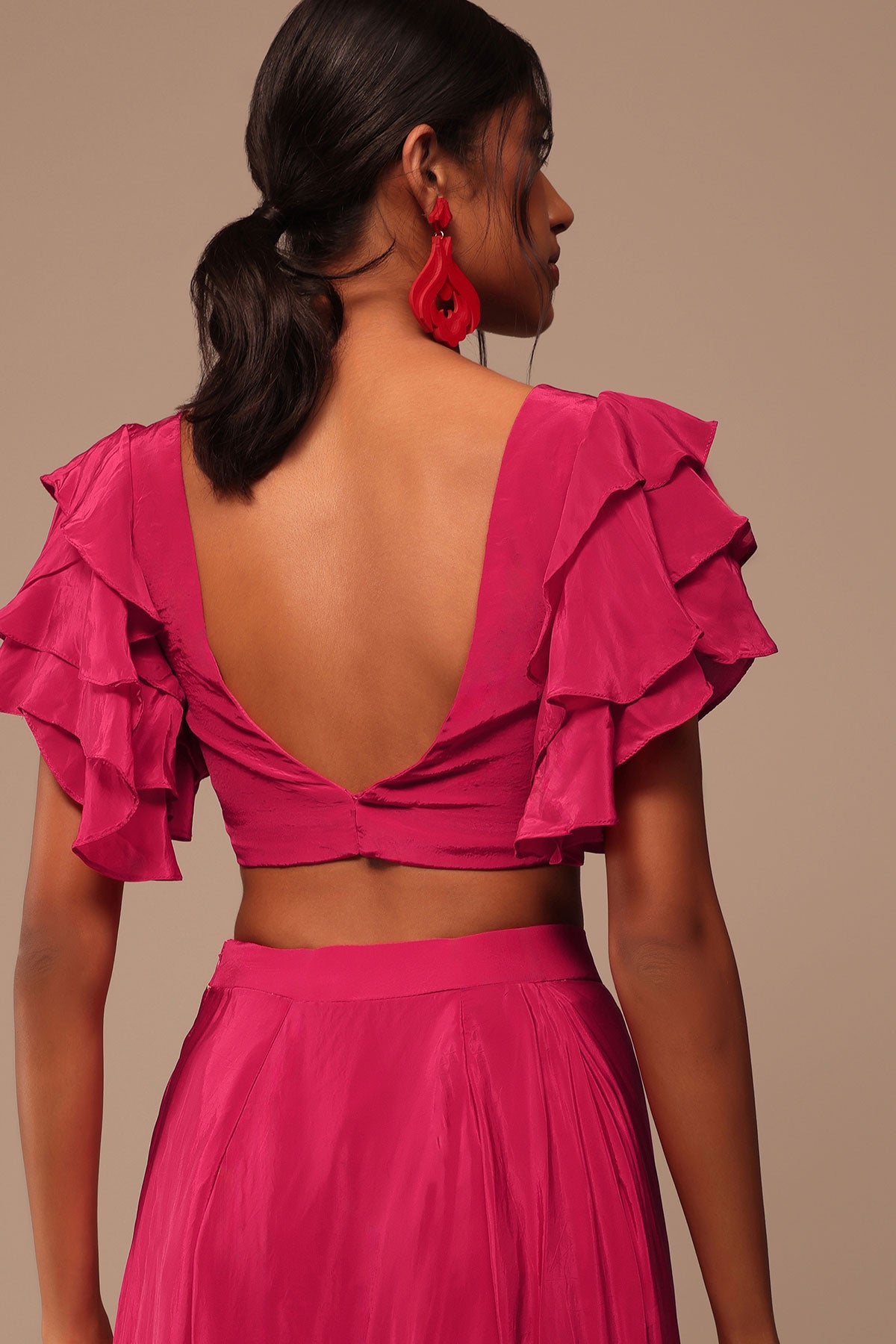 Pink Indo-Western Saree And Layered Sleeves Blouse Set In Crepe