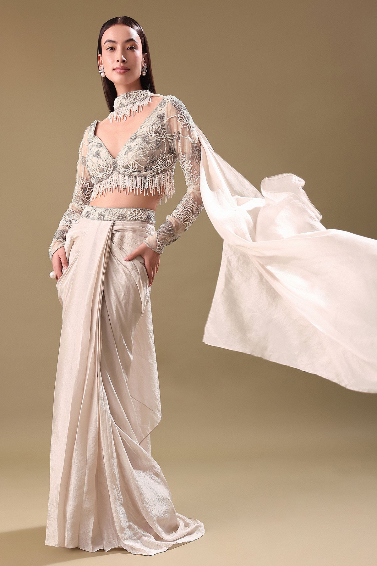 Ivory Pre Drape Tissue Skirt With Full Sleeve Blouse