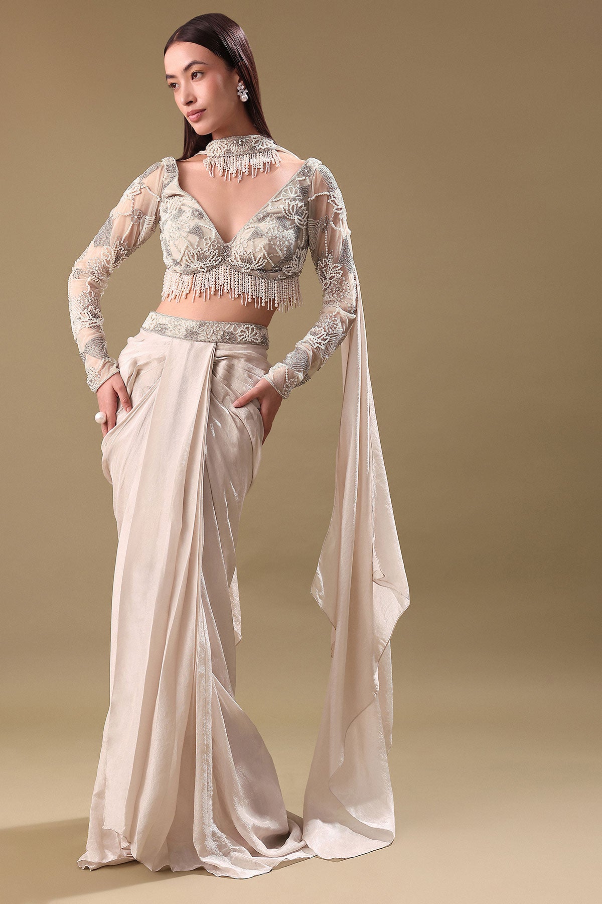 Ivory Pre Drape Tissue Skirt With Full Sleeve Blouse