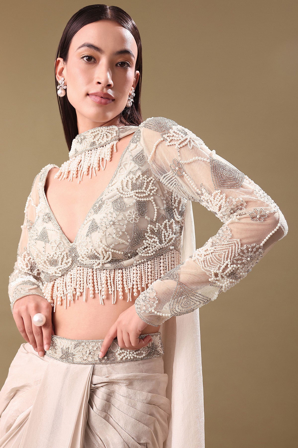 Ivory Pre Drape Tissue Skirt With Full Sleeve Blouse