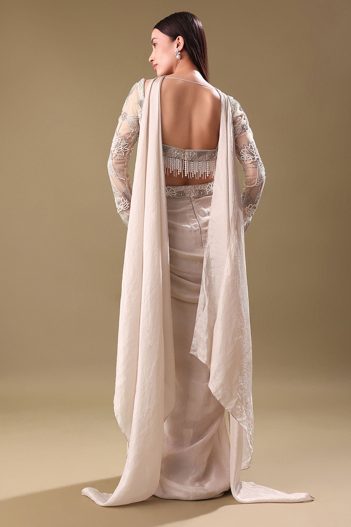Ivory Pre Drape Tissue Skirt With Full Sleeve Blouse