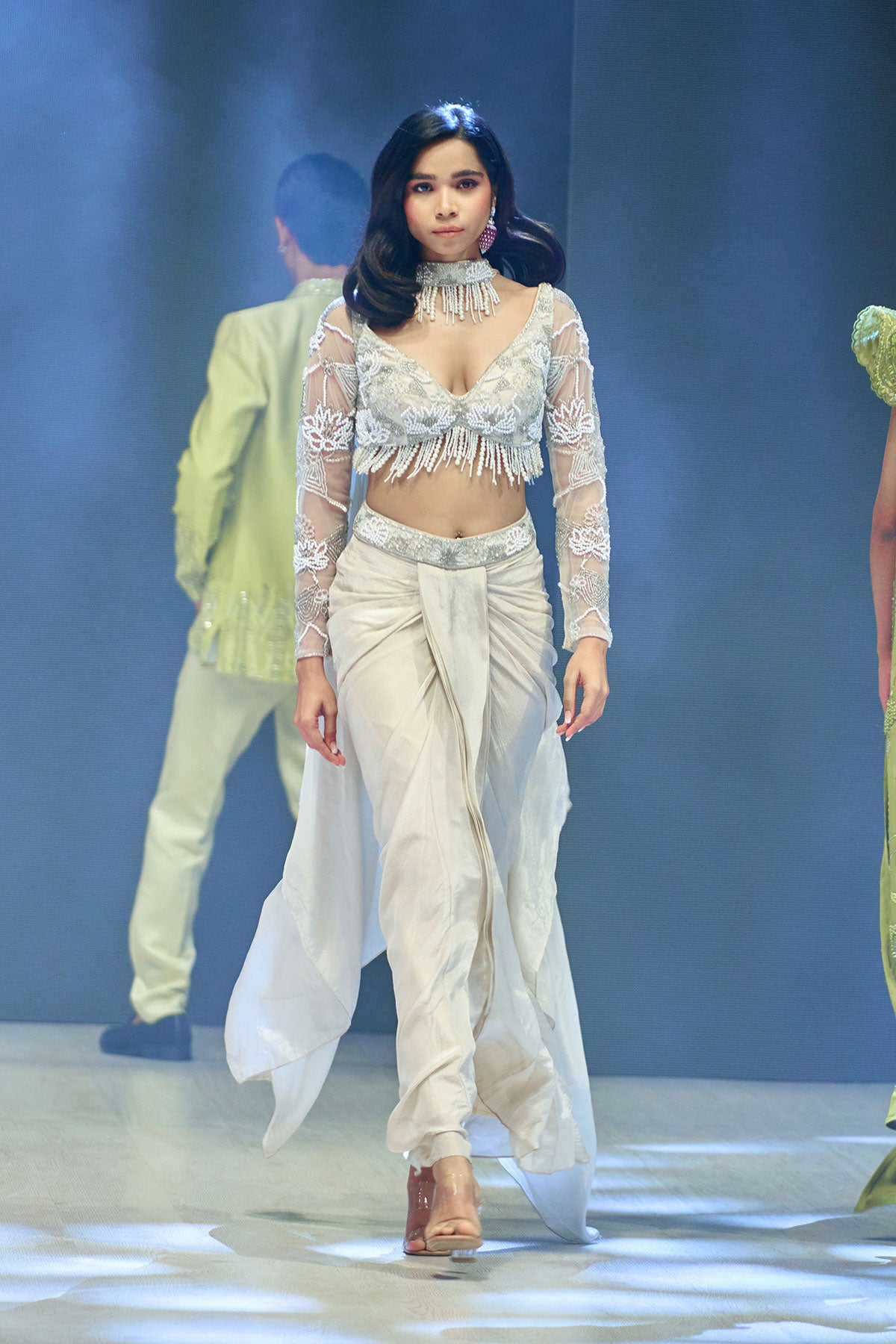 Ivory Pre Drape Tissue Skirt With Full Sleeve Blouse