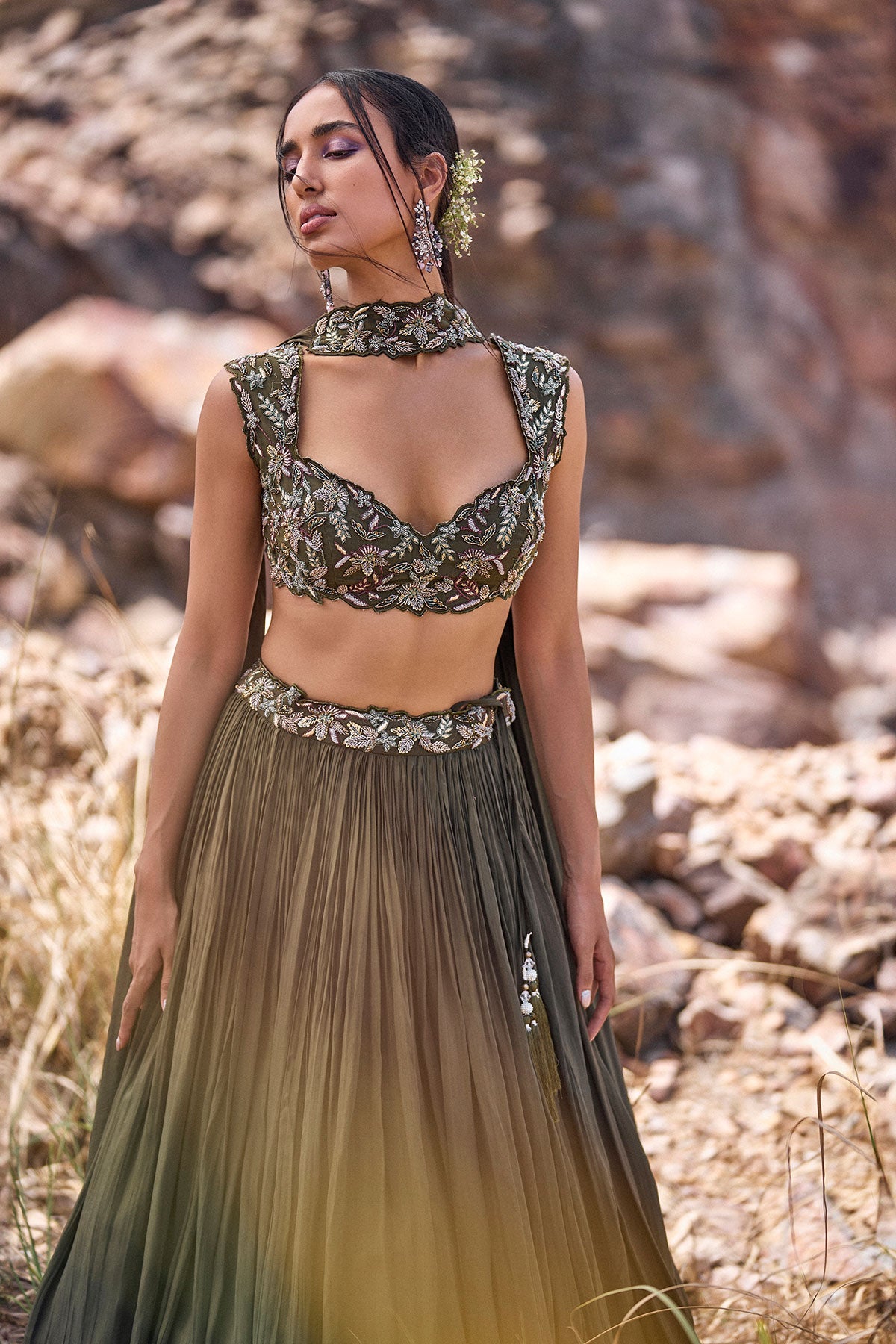 Olive Green Ruched Lehenga With Blouse And Asymmetric Dupatta