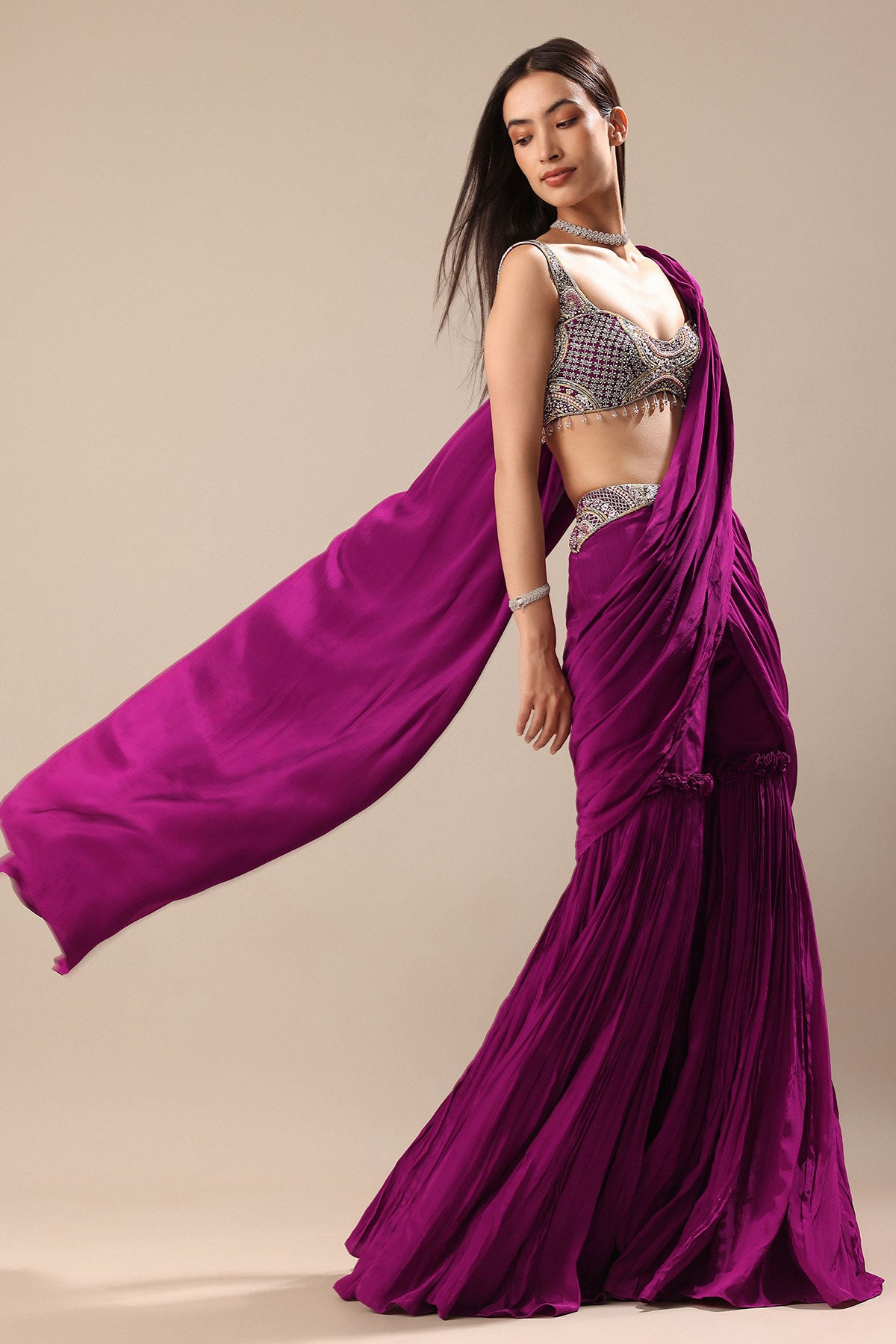 Raspberry Frill Saree With Embroidered Blouse