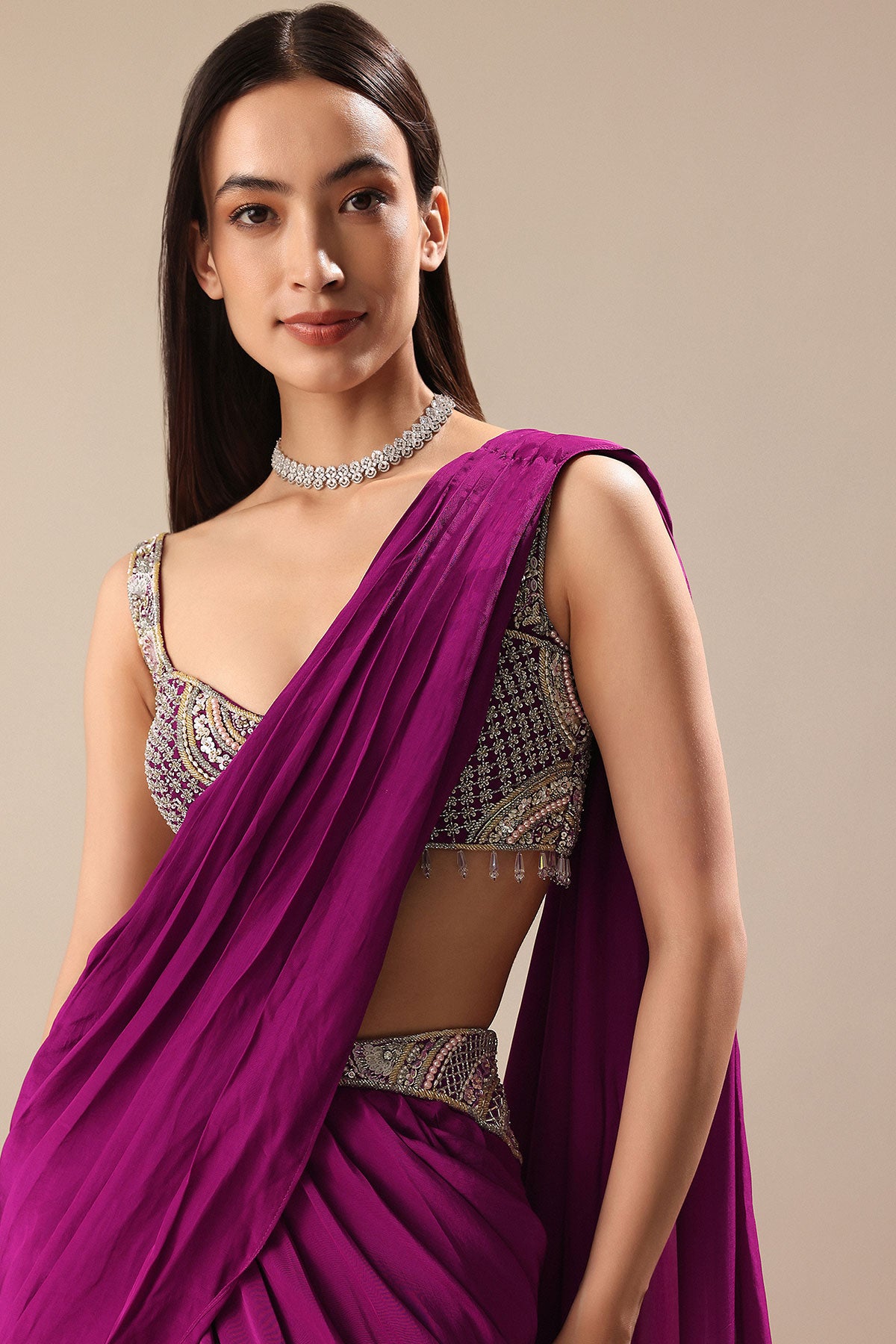 Raspberry Frill Saree With Embroidered Blouse