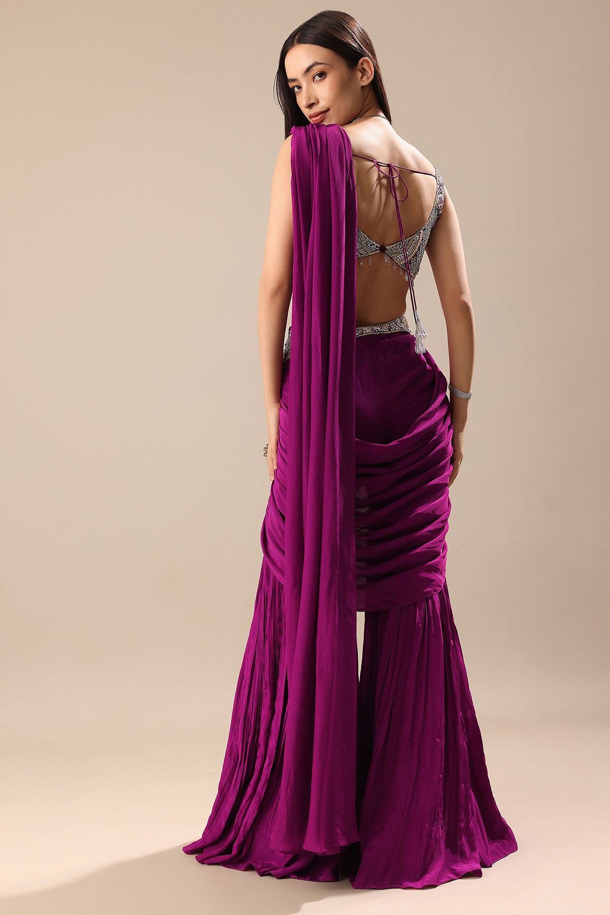Raspberry Frill Saree With Embroidered Blouse