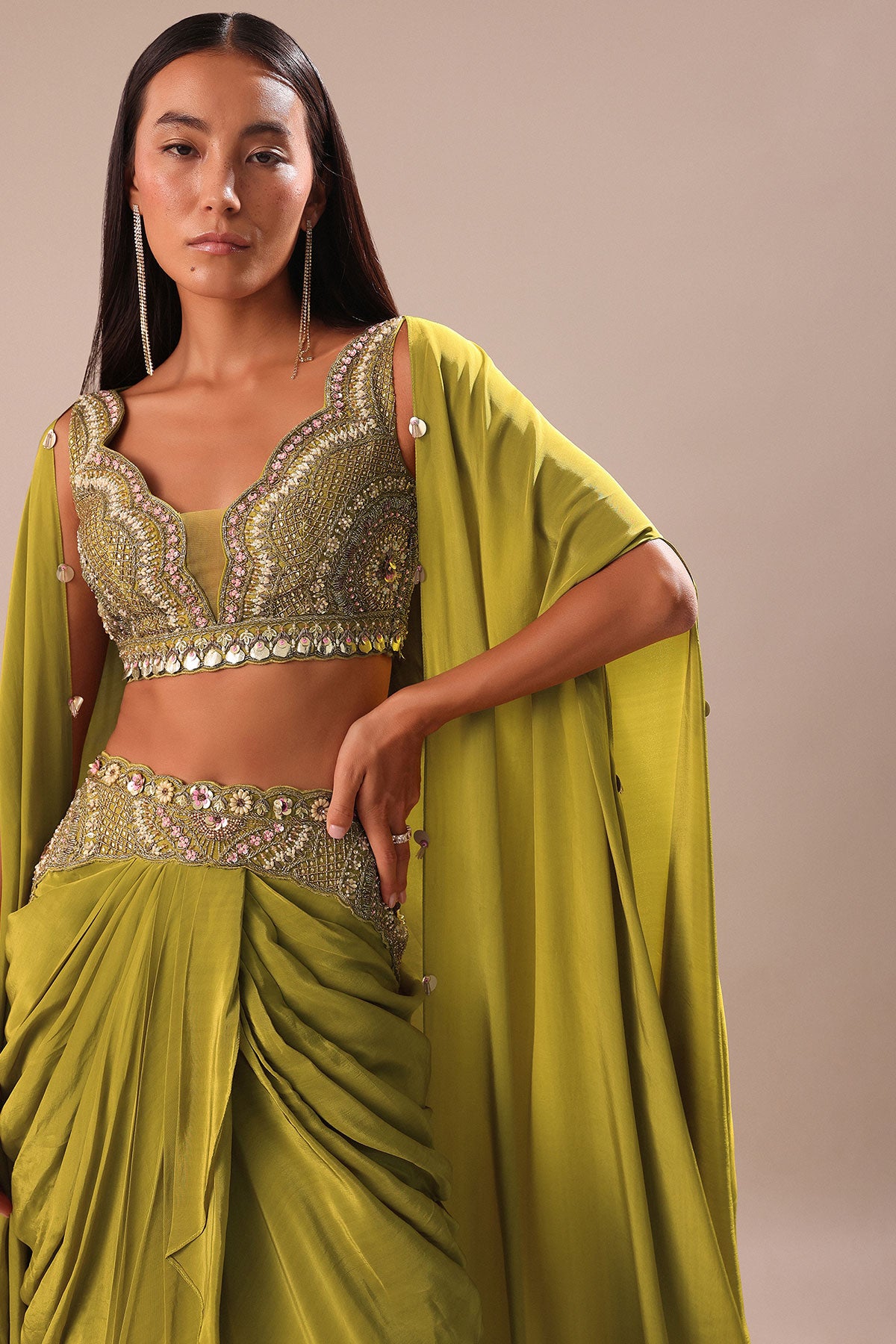 Lime Green Dhoti With Embroidered Blouse And Cape