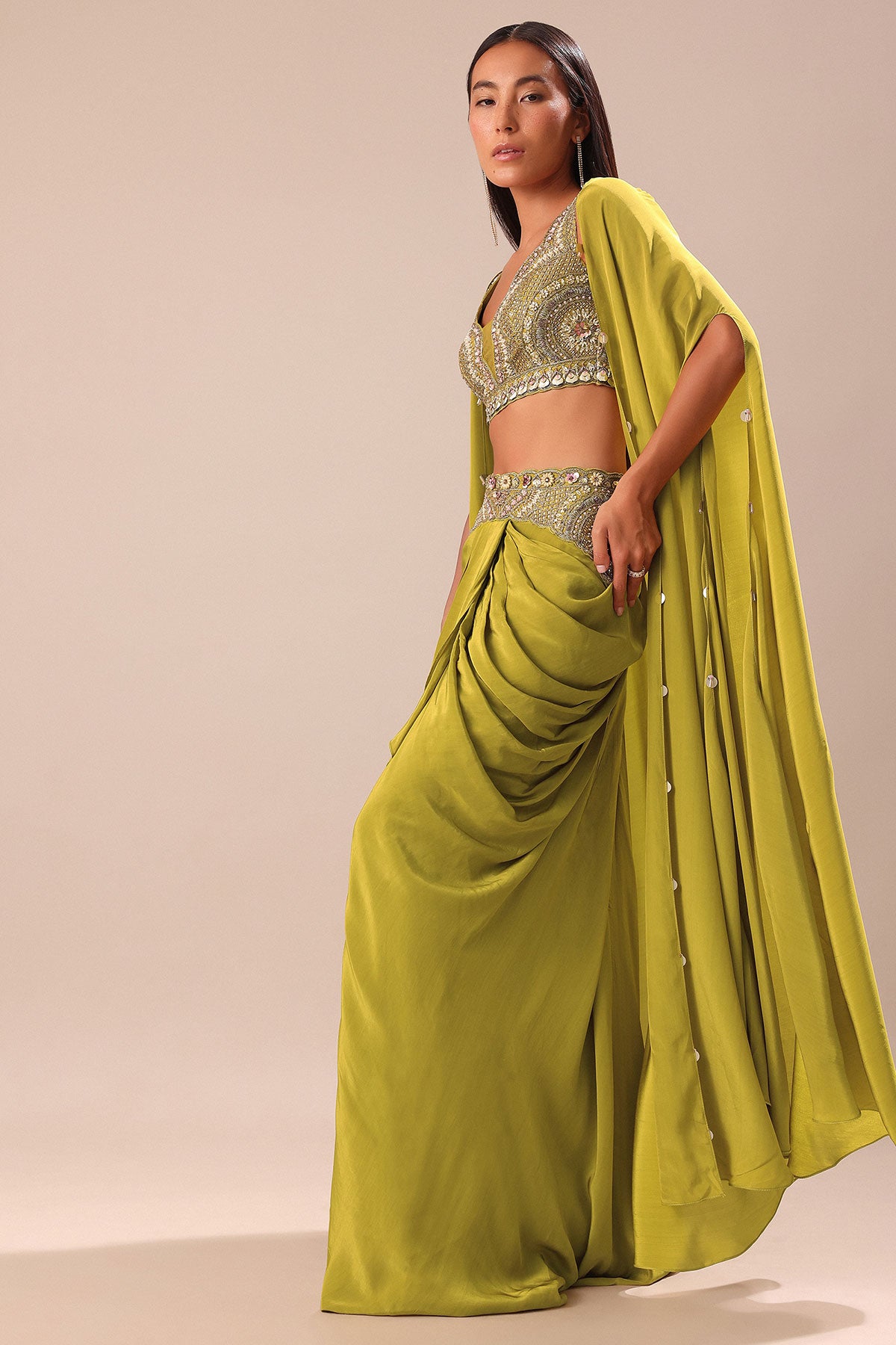 Lime Green Dhoti With Embroidered Blouse And Cape