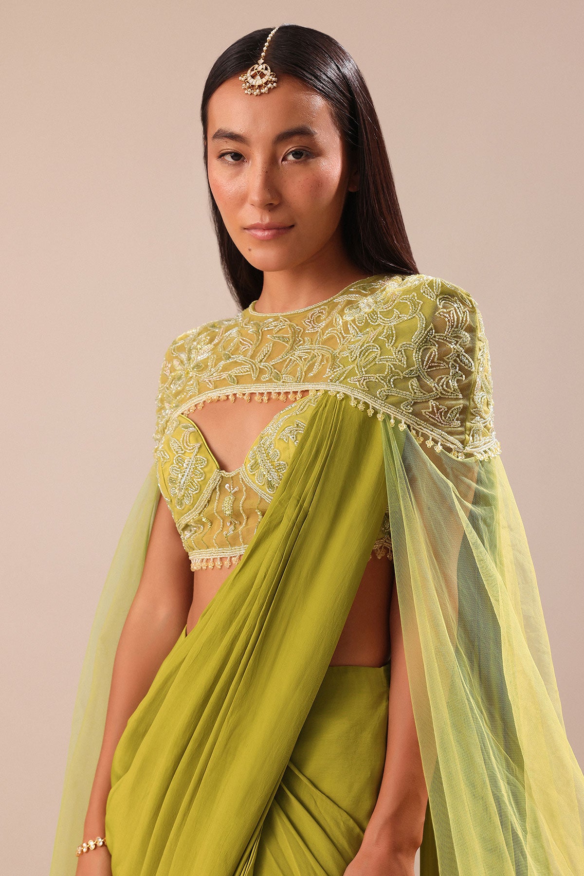 Green Pre Stitched Saree With Blouse And Zardozi Draped Cape